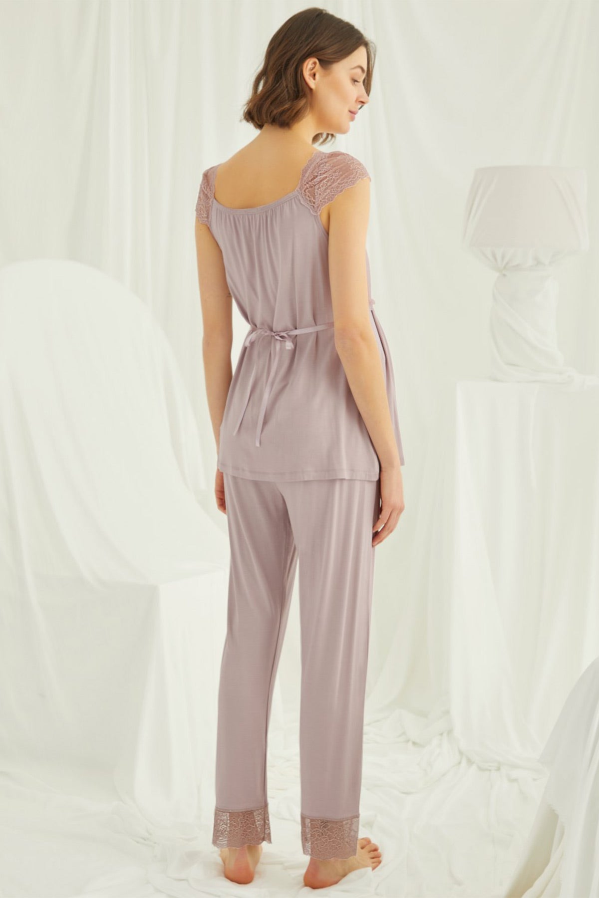 Lace Shoulder Maternity & Nursing Pajamas Mink - 18440