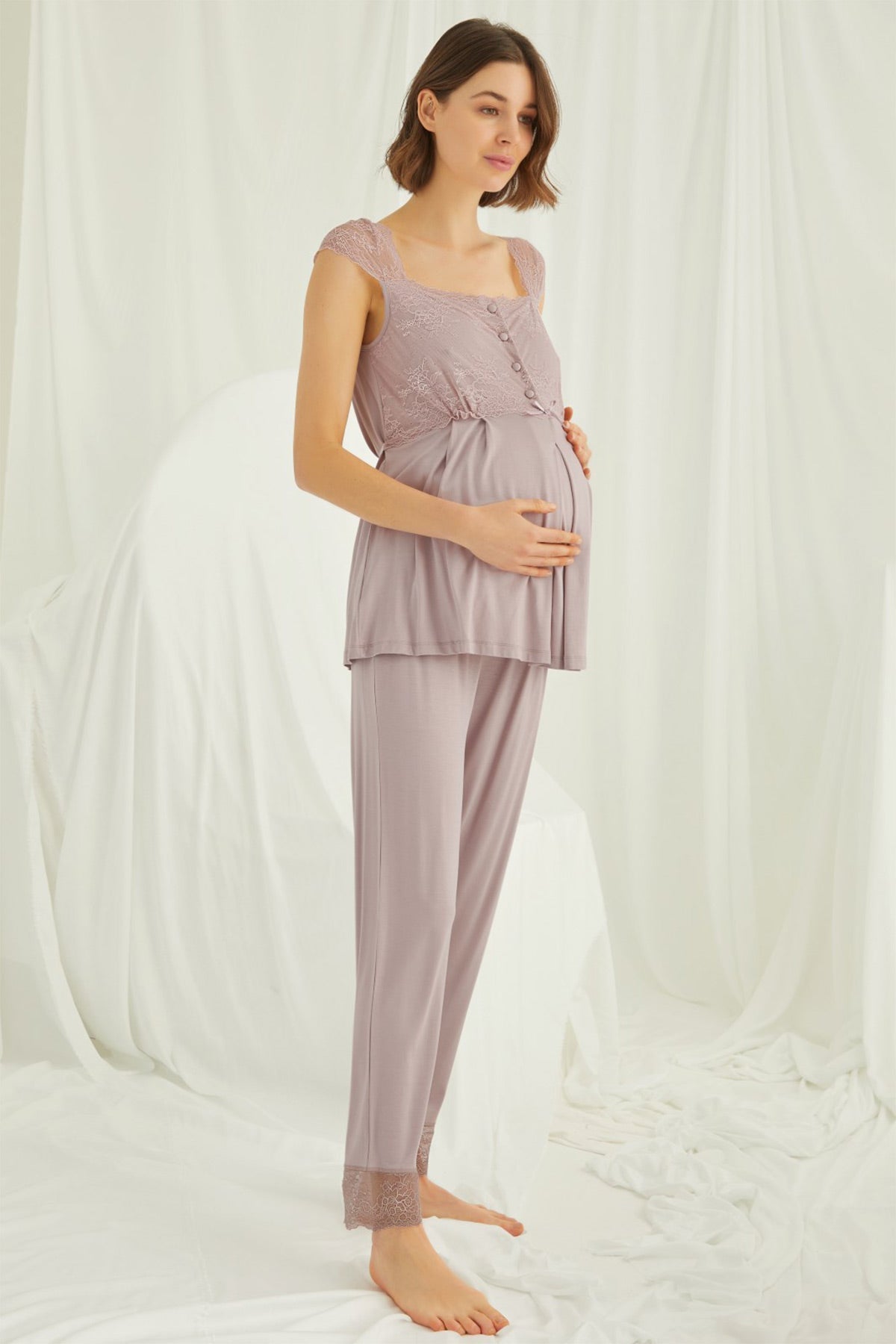 Lace Shoulder Maternity & Nursing Pajamas Mink - 18440