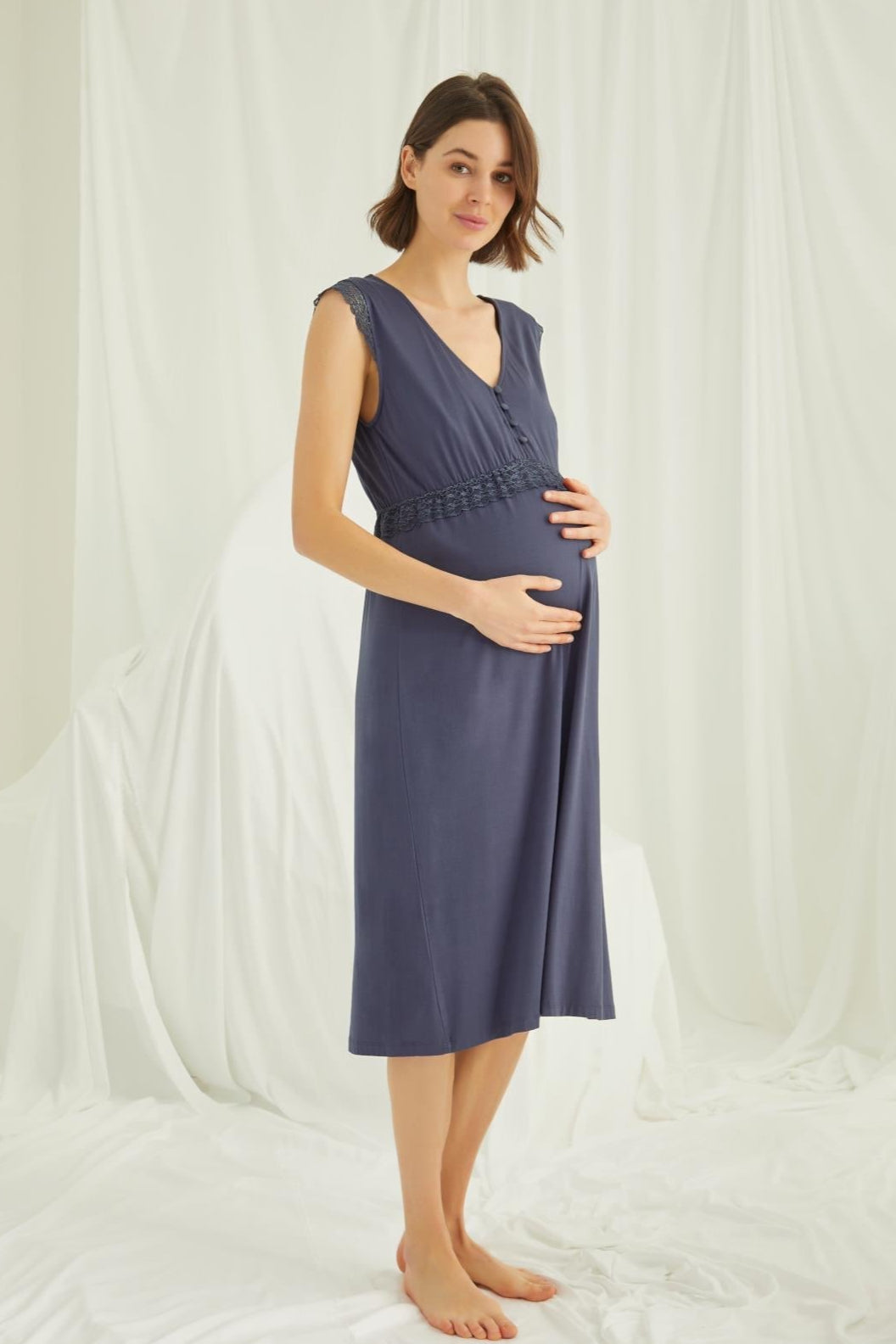 Lace V-Neck Maternity & Nursing Nightgown Navy Blue - 18448