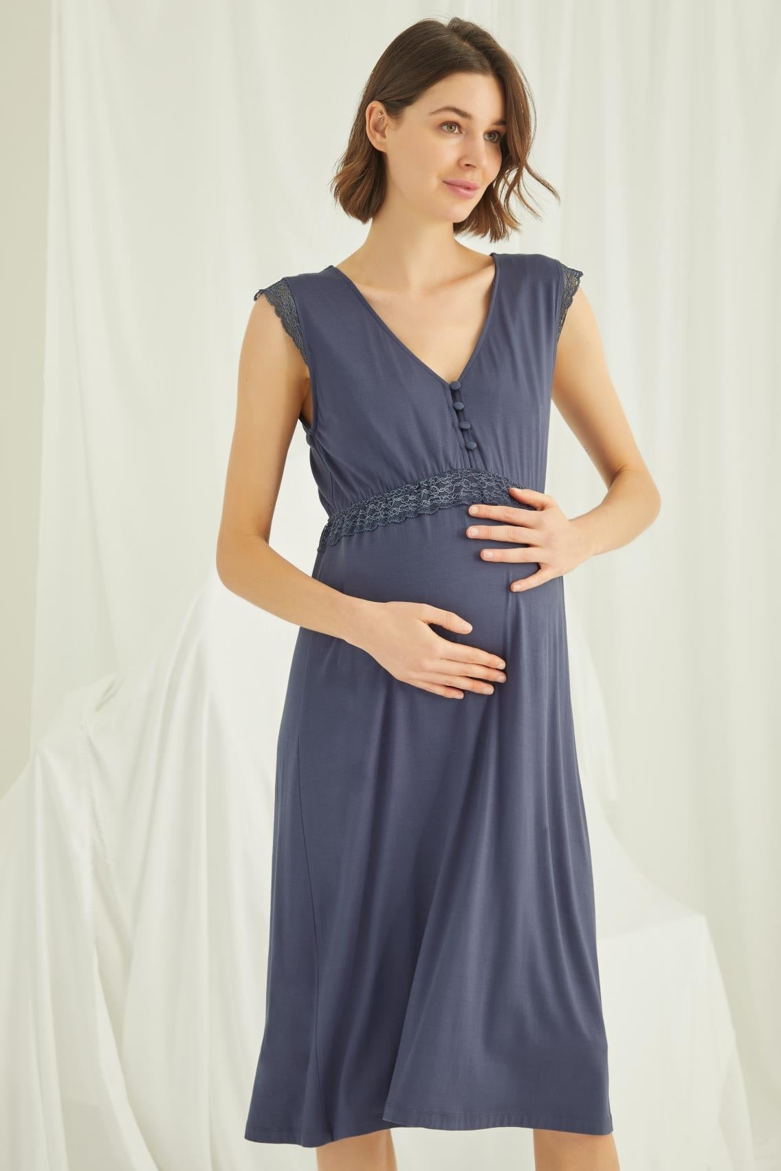 Lace V-Neck Maternity & Nursing Nightgown Navy Blue - 18448