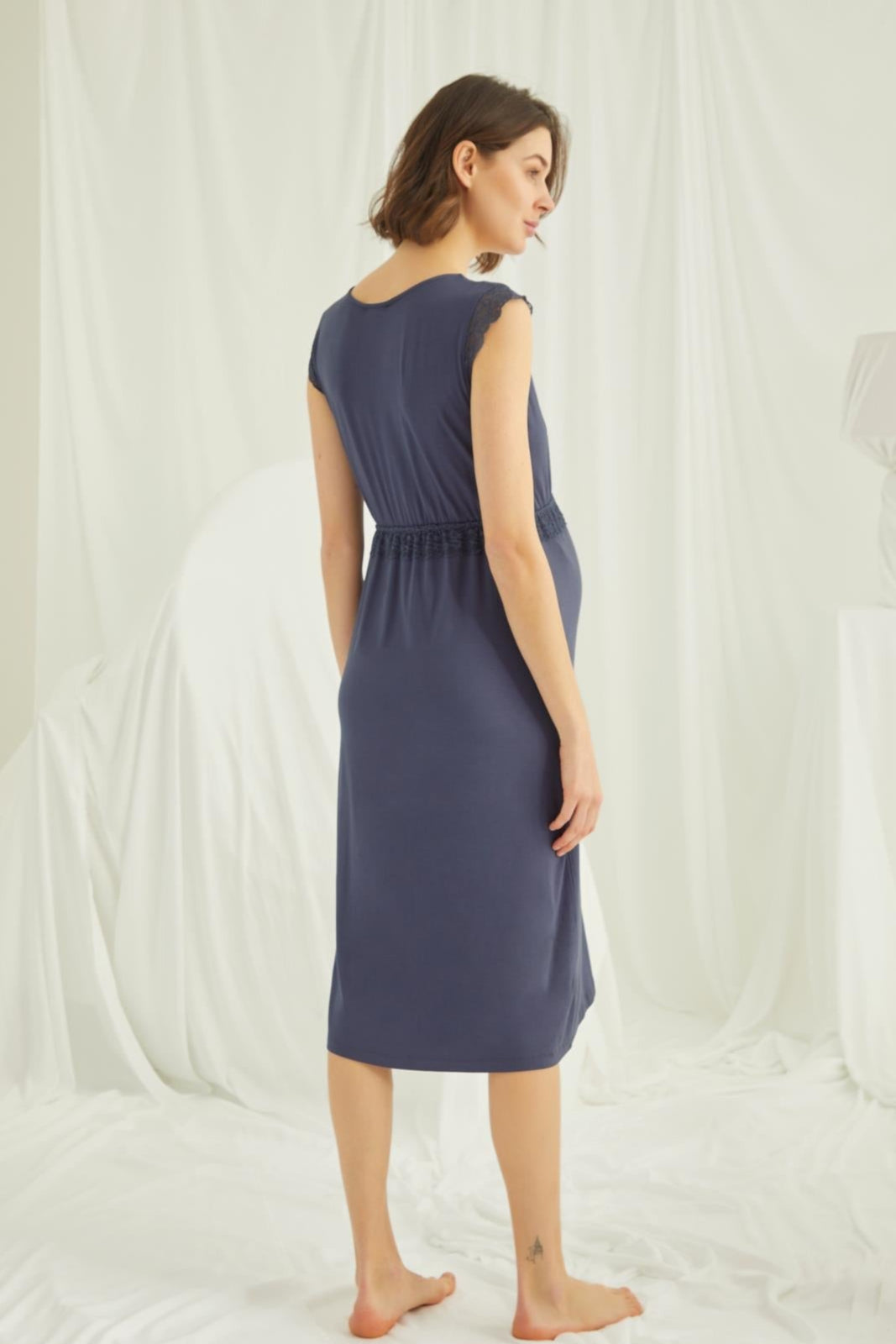 Lace V-Neck Maternity & Nursing Nightgown Navy Blue - 18448