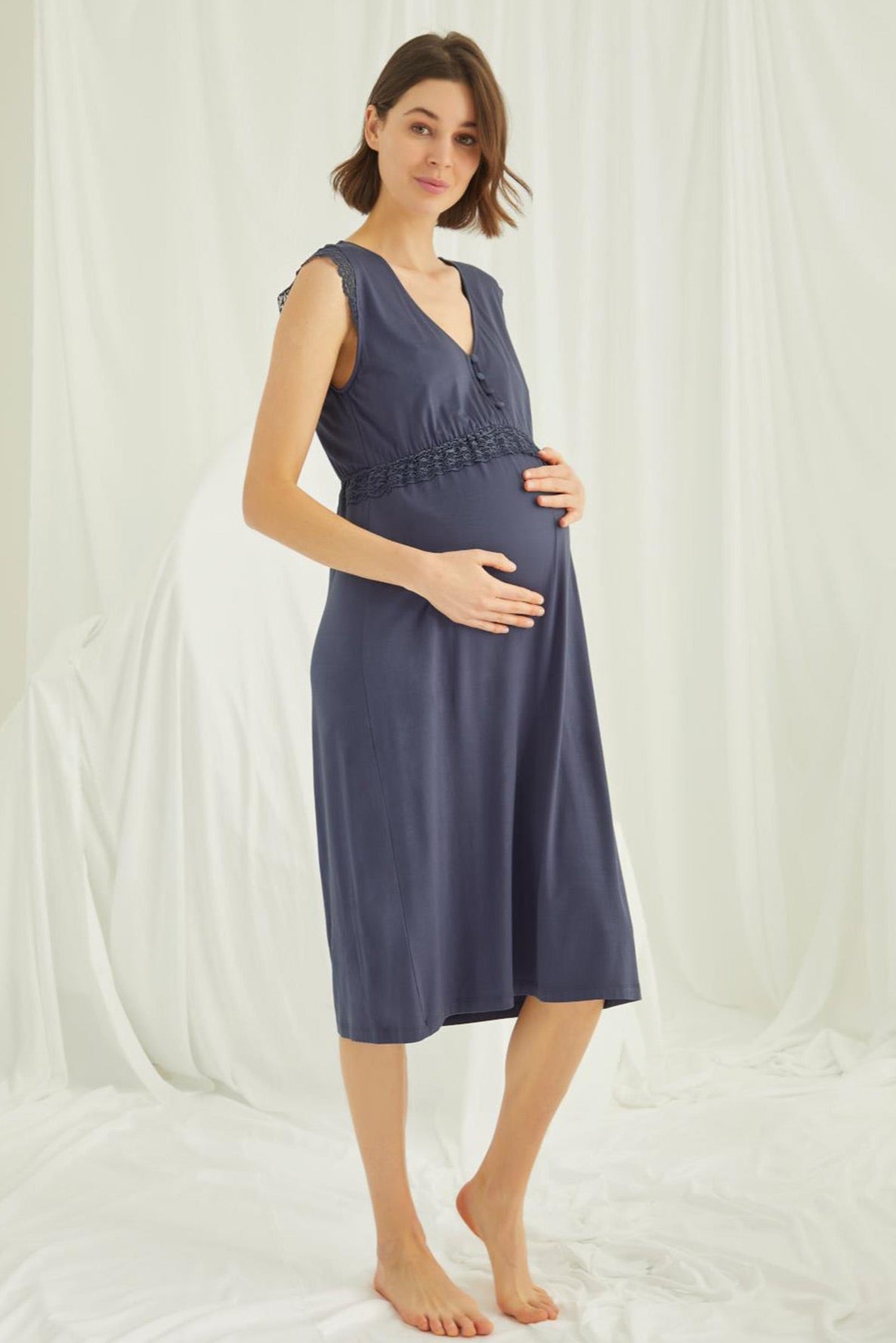 Lace V-Neck Maternity & Nursing Nightgown Navy Blue - 18448