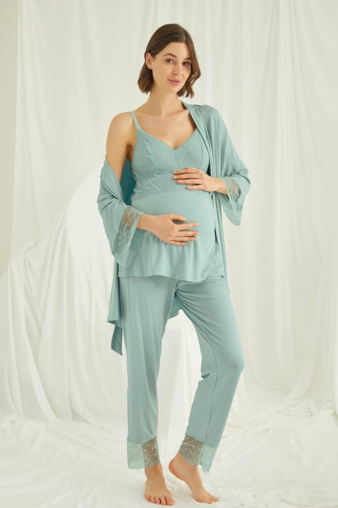 Lace Strappy 3-Piece Maternity-Nursing Pajama & Robe Set Green - 18469