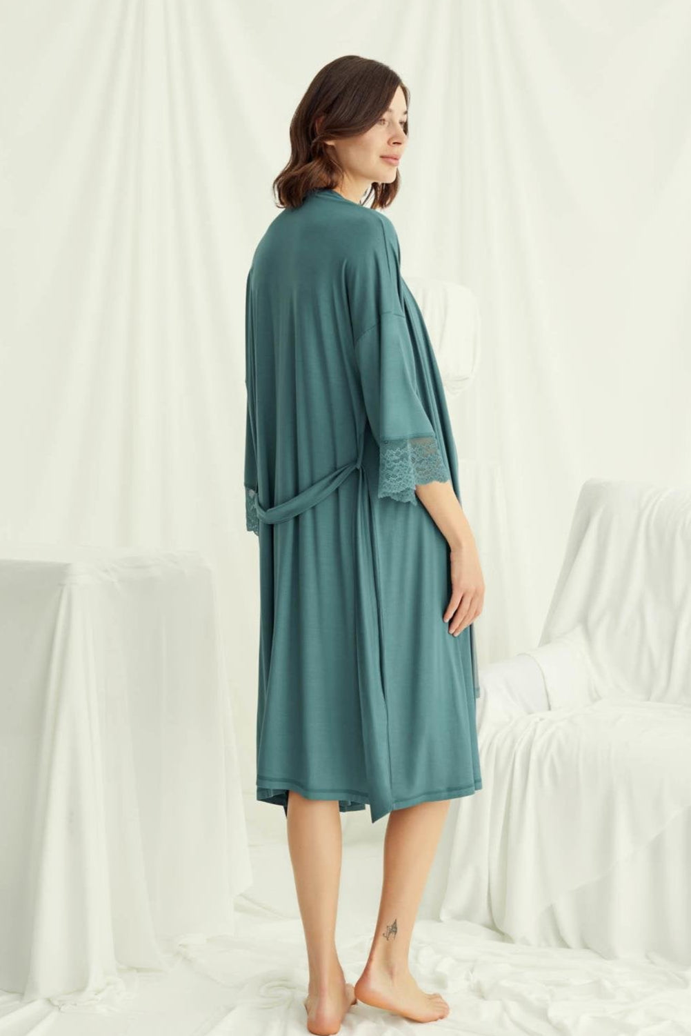 Lace Strappy Maternity-Nursing Nightgown & Robe Set Green - 18522