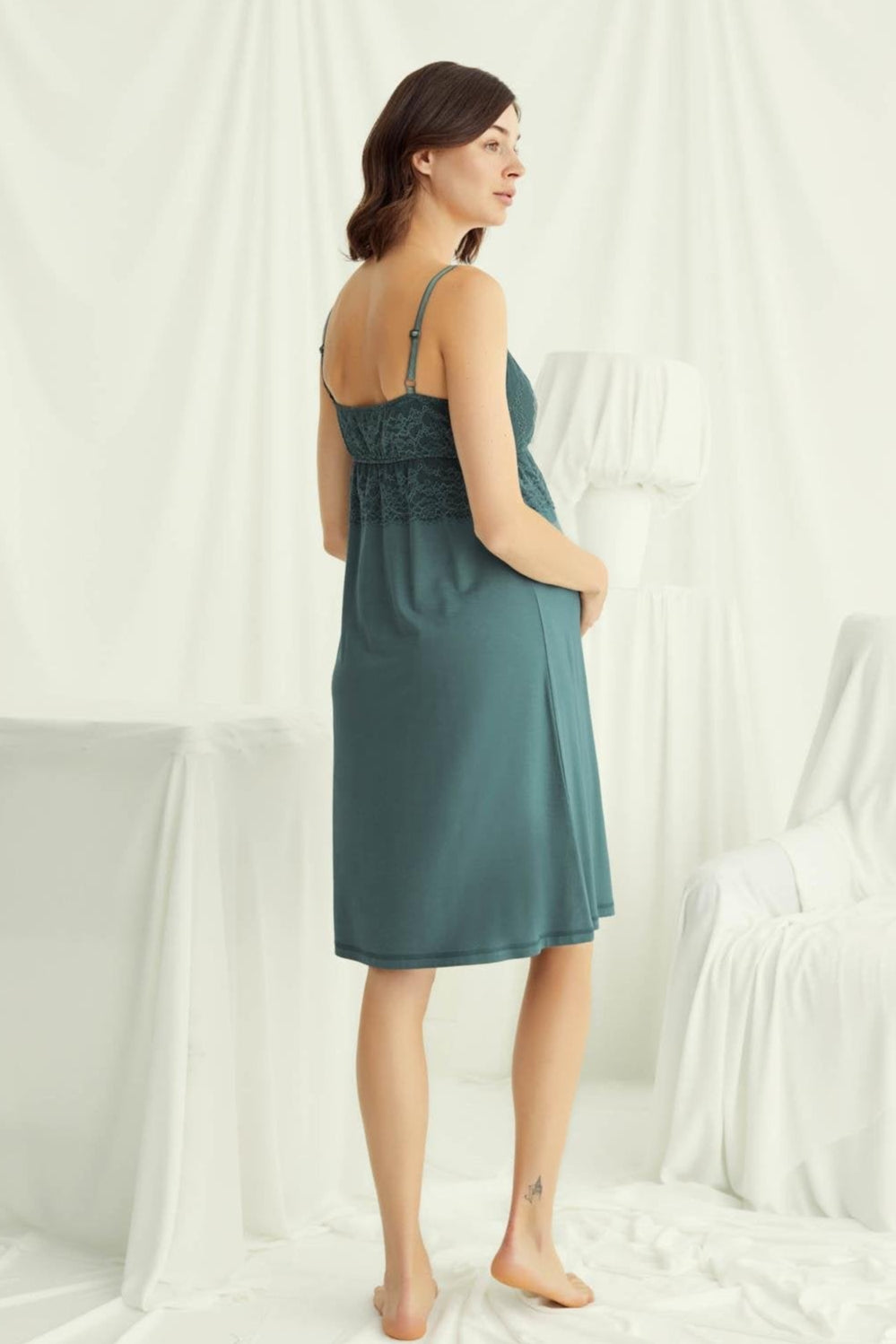 Lace Strappy Maternity-Nursing Nightgown & Robe Set Green - 18522