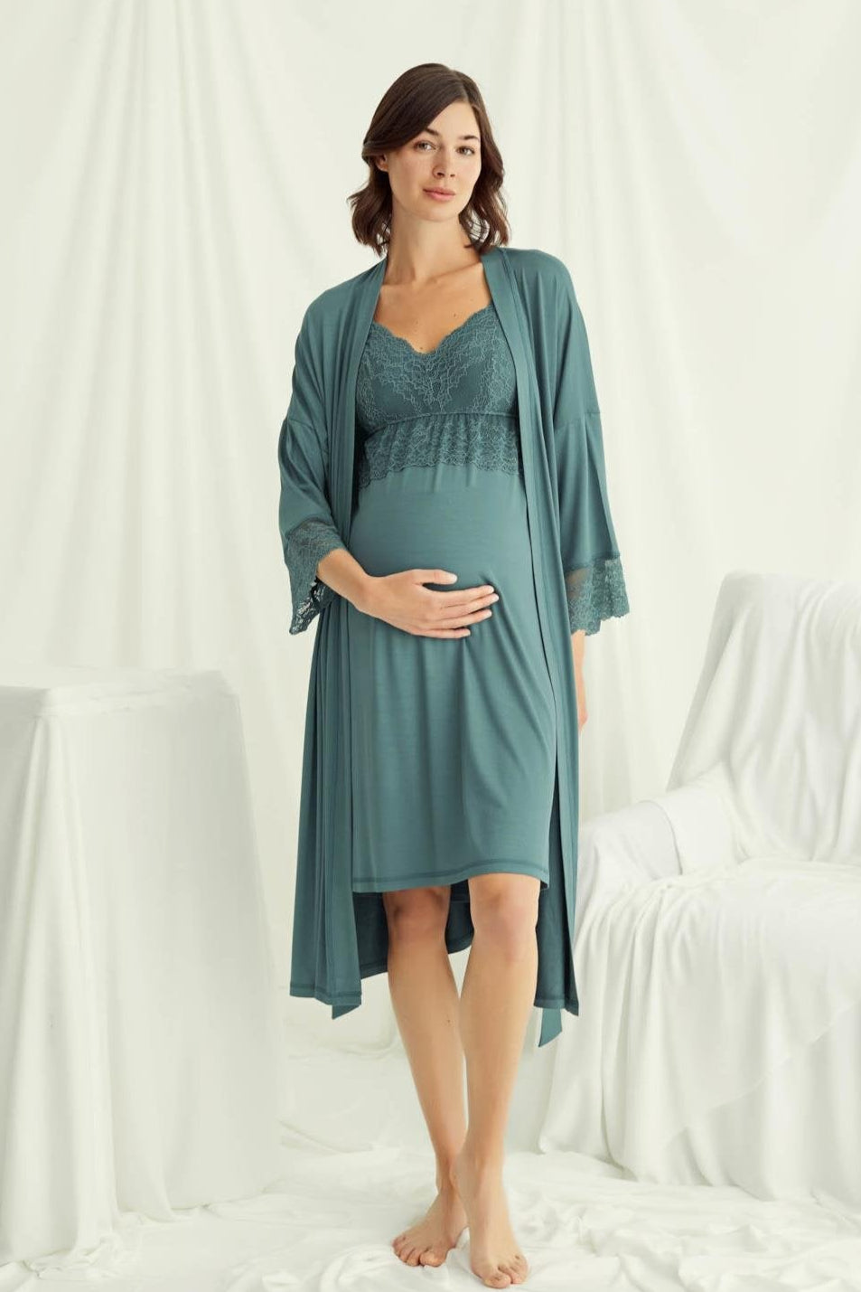 Lace Strappy Maternity-Nursing Nightgown & Robe Set Green - 18522