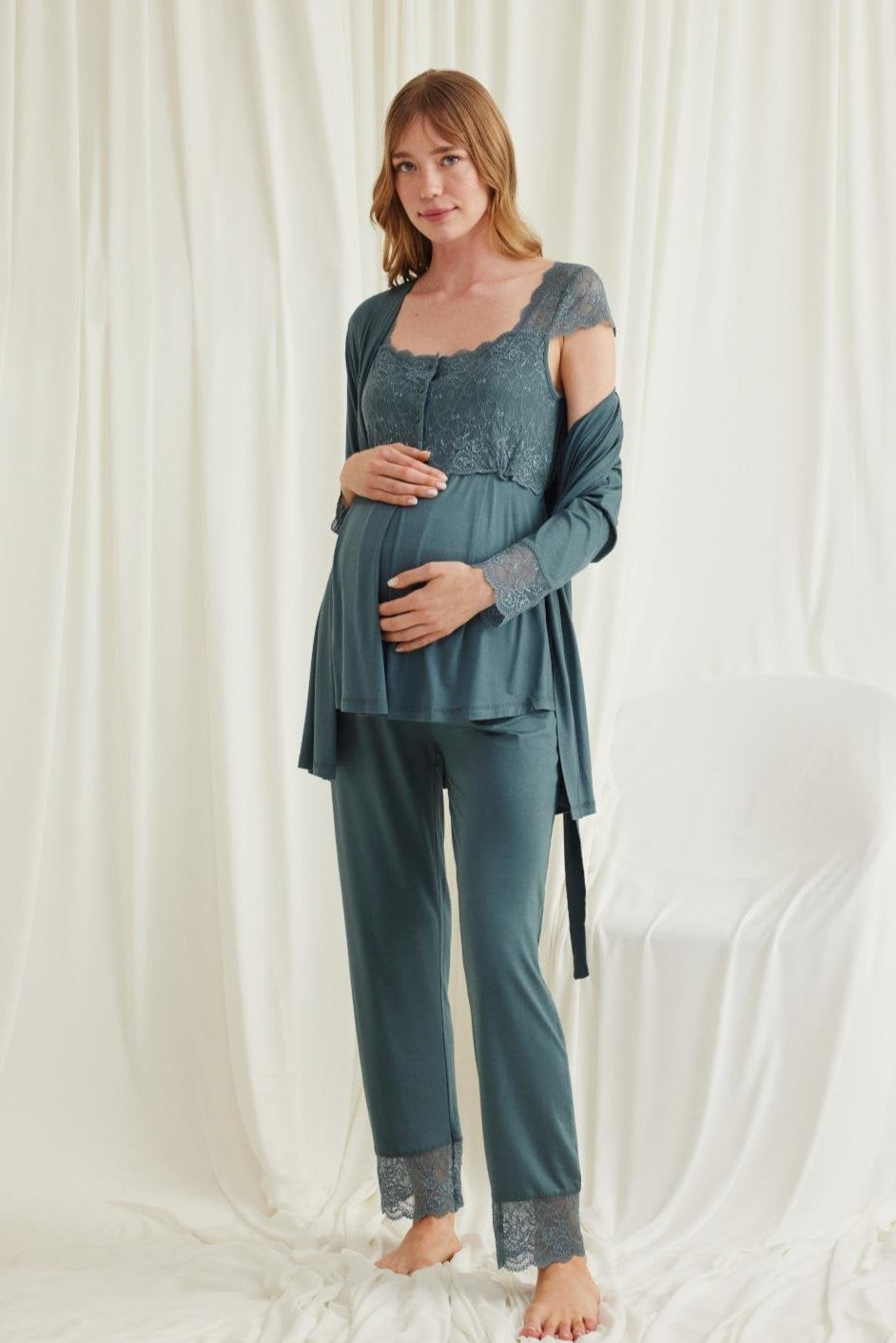 Lace Shoulder 4-Piece Maternity-Nursing Set Green - 535536