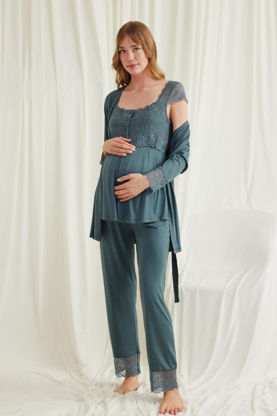 Lace Shoulder 3-Piece Maternity-Nursing Pajama & Robe Set Green - 18535
