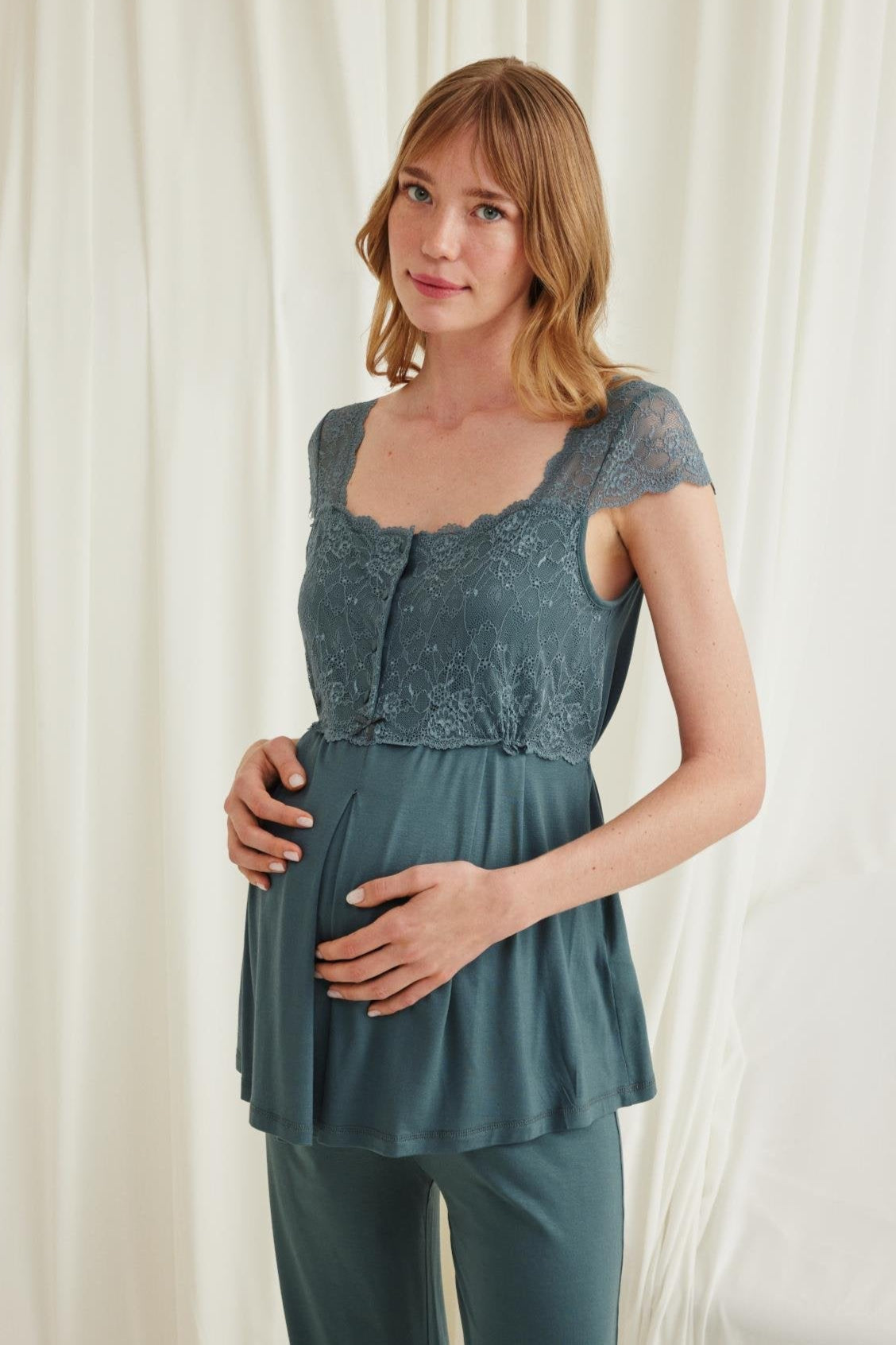 Lace Shoulder 4-Piece Maternity-Nursing Set Green - 535536