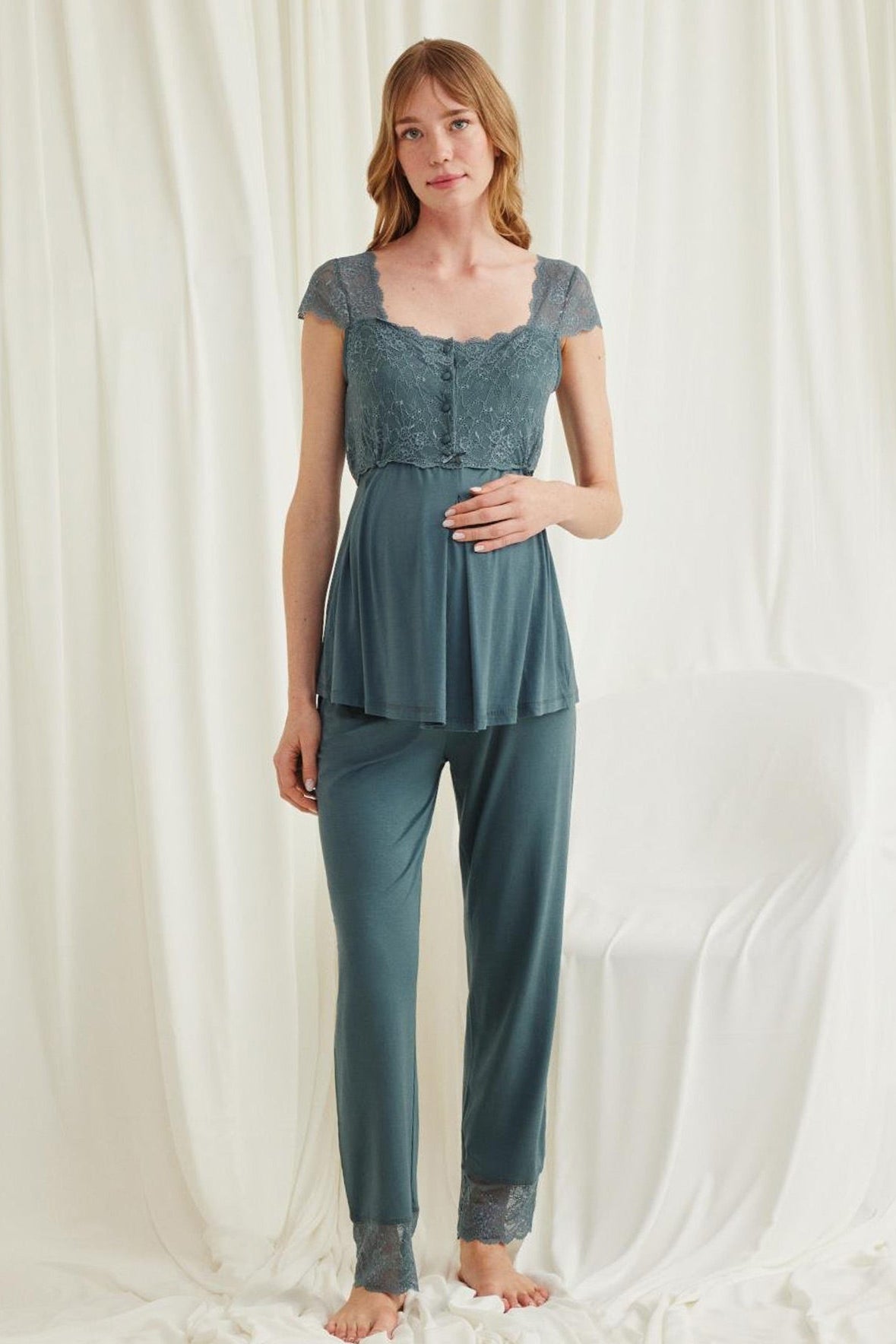 Lace Shoulder 4-Piece Maternity-Nursing Set Green - 535536