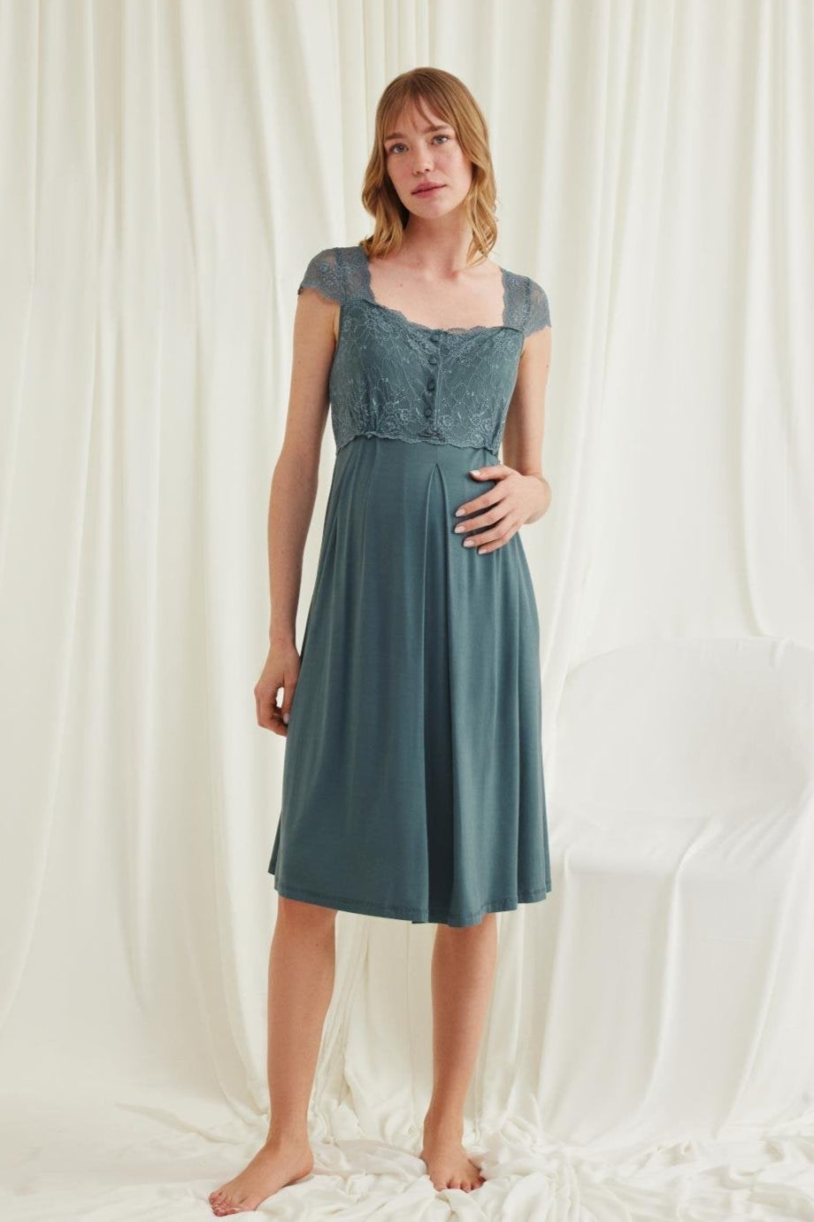 Lace Shoulder Maternity & Nursing Nightgown Green - 18536