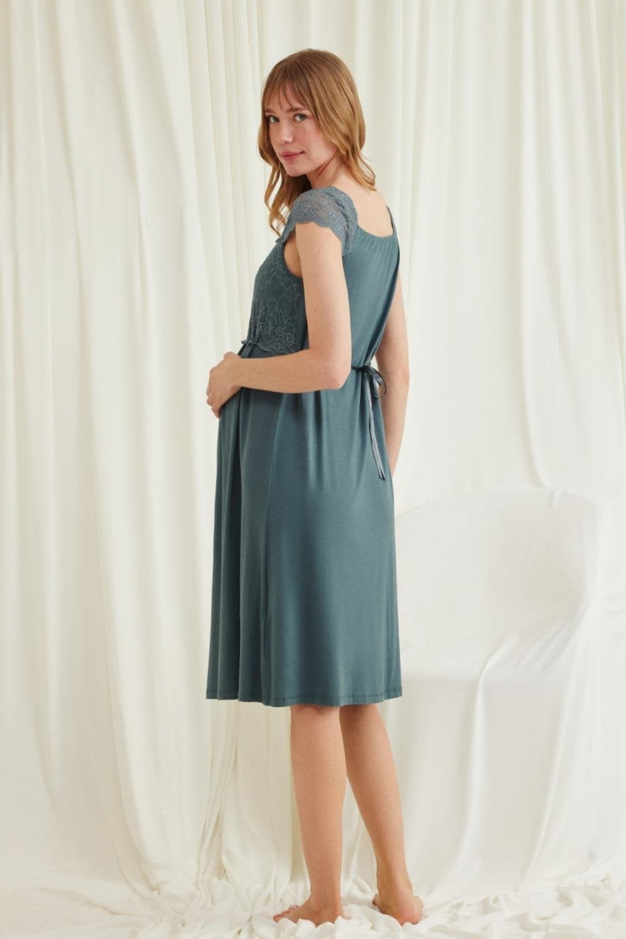 Lace Shoulder Maternity & Nursing Nightgown Green - 18536