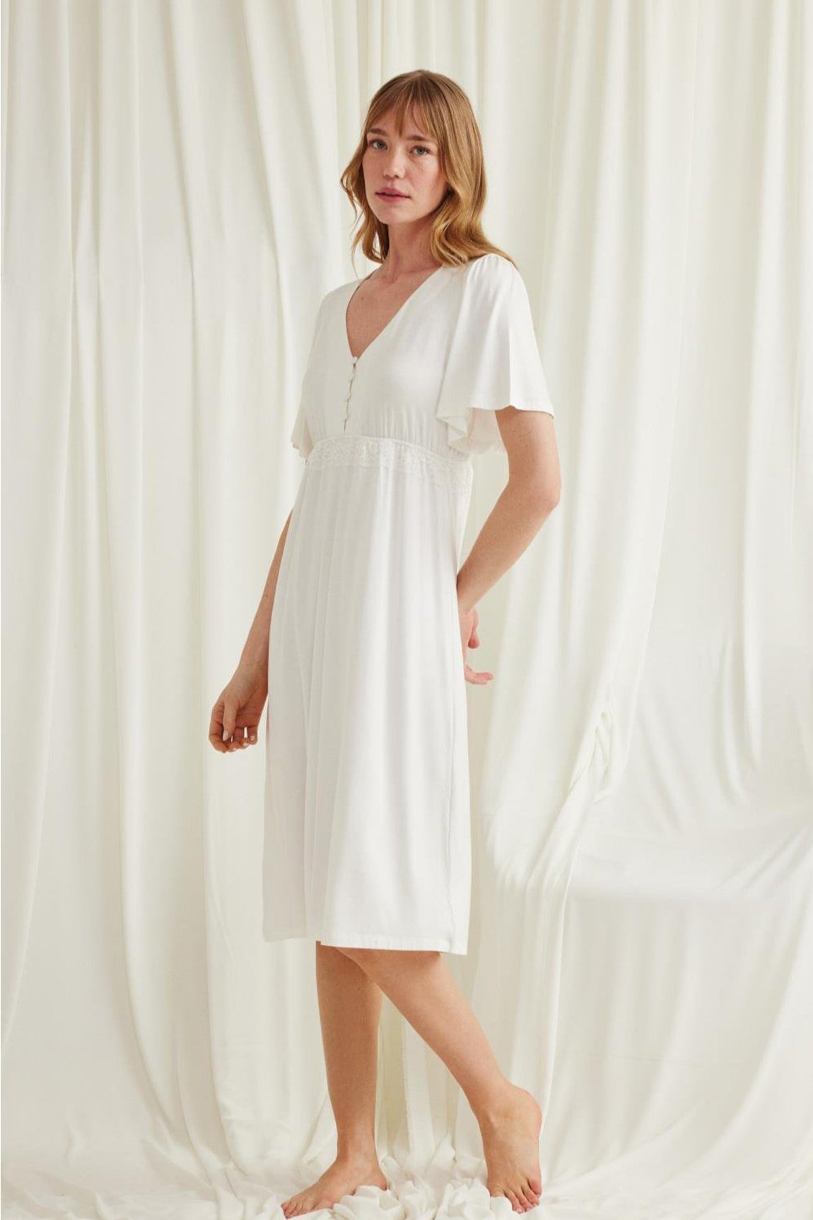 Lacy Panel Maternity & Nursing Nightgown Ecru - 18603