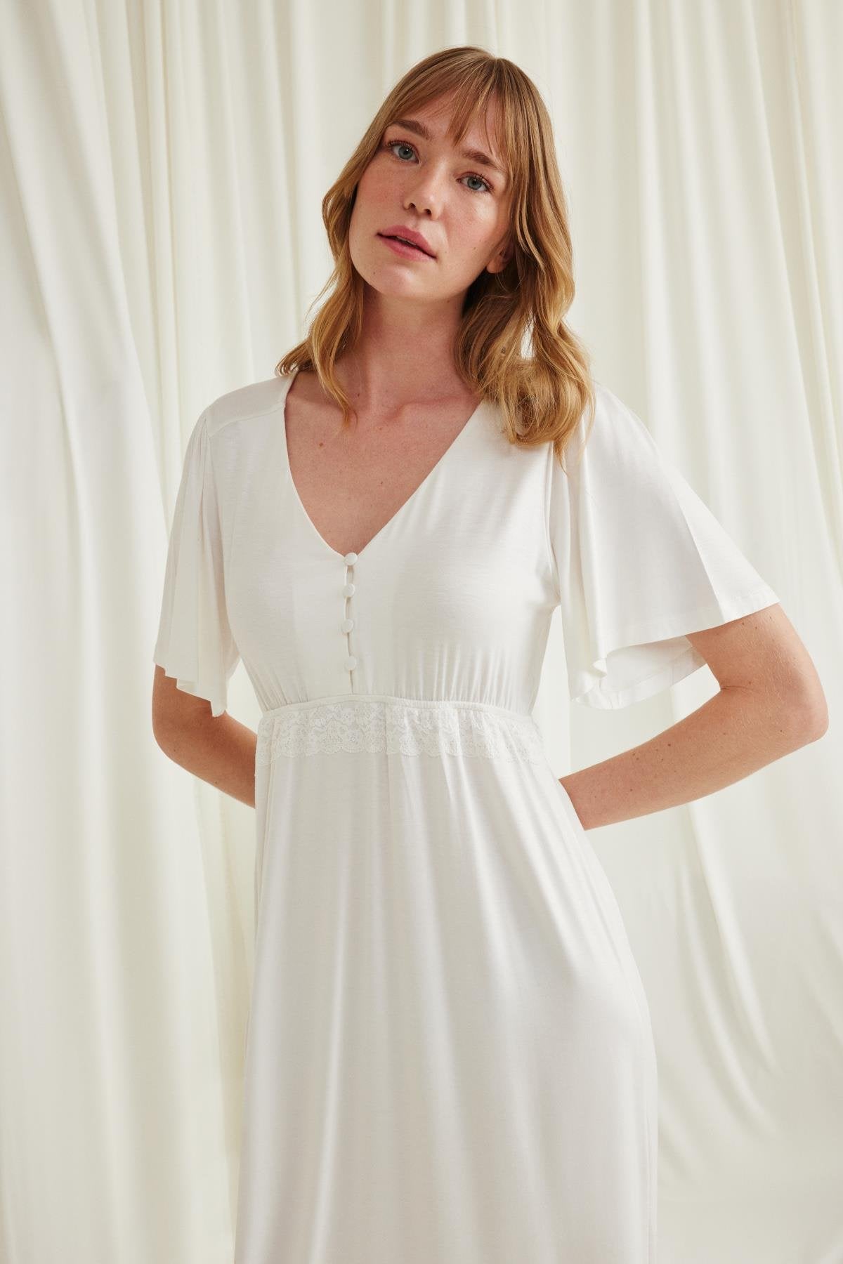 Lacy Panel Maternity & Nursing Nightgown Ecru - 18603