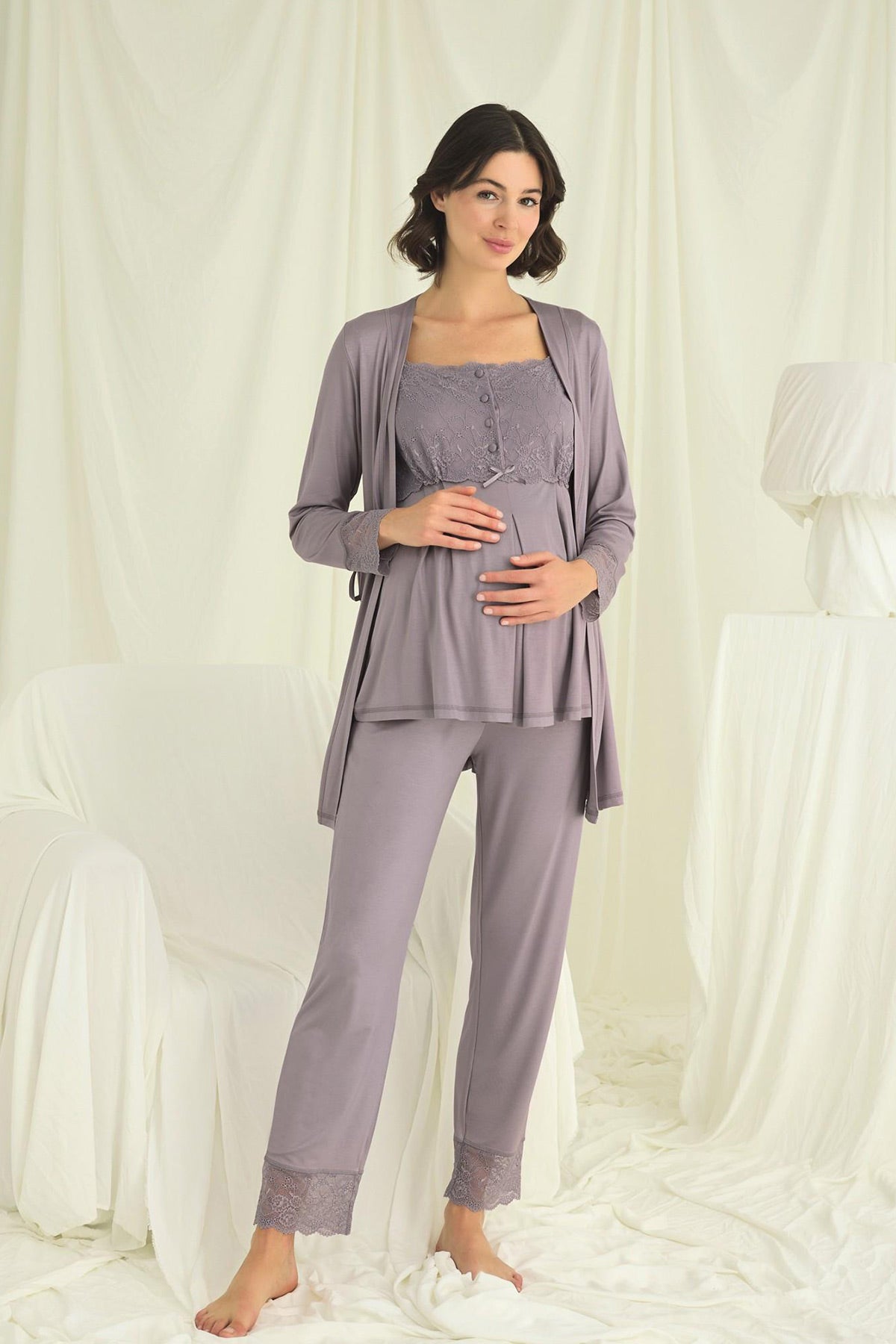 Lace Shoulder 3-Piece Maternity-Nursing Pajama Robe Set Grey 18669