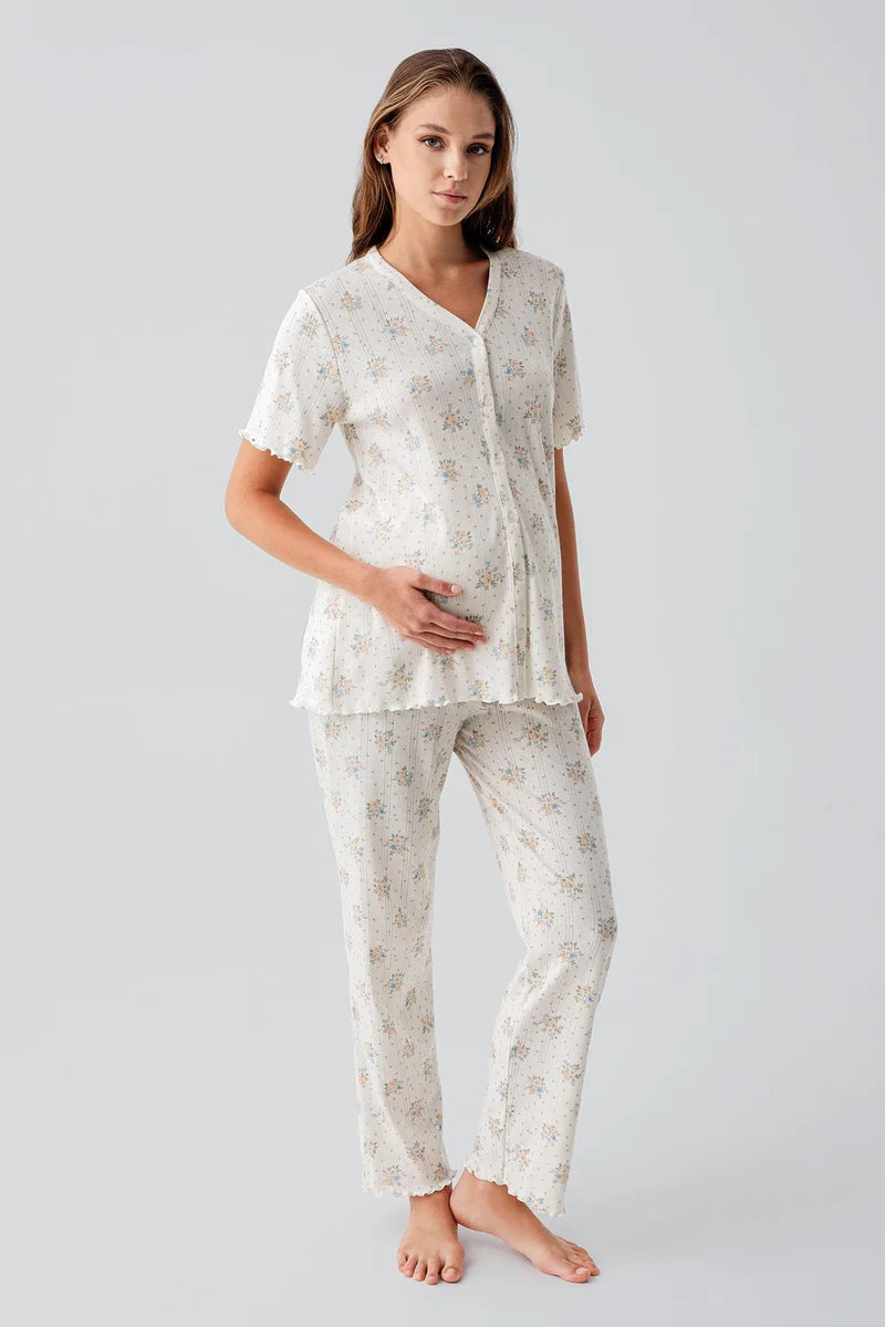 Floral Pointelle Cotton Maternity & Nursing Pajama Set Ecru - 19203