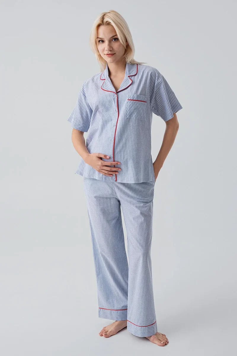 Striped Woven Cotton Maternity & Nursing Pajama Set Blue - 19208