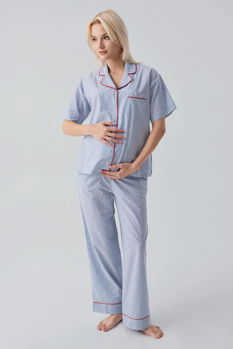 Striped Woven Cotton Maternity & Nursing Pajama Set Blue - 19208