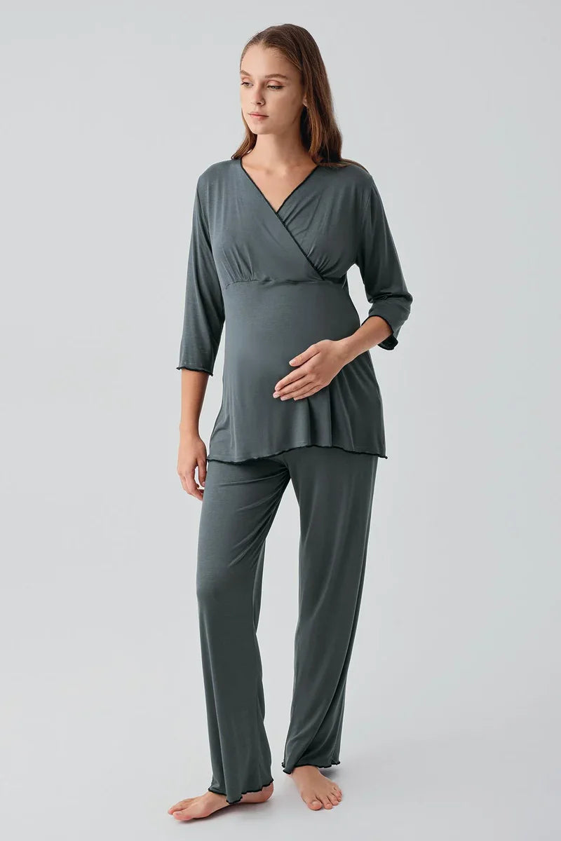 Elegant Piped Wrap Maternity & Nursing Pajama Set Green - 19212