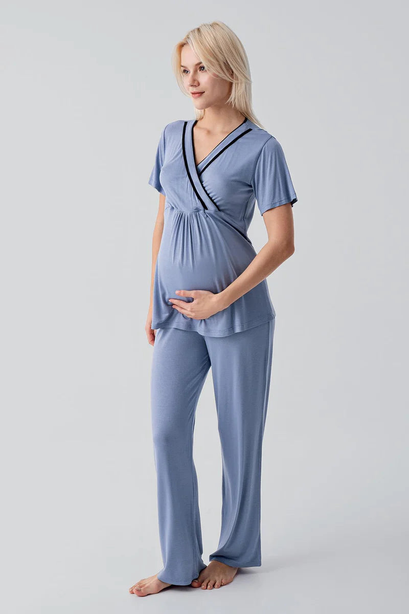 Piped Wrap Maternity & Nursing Pajama Set Indigo - 19217