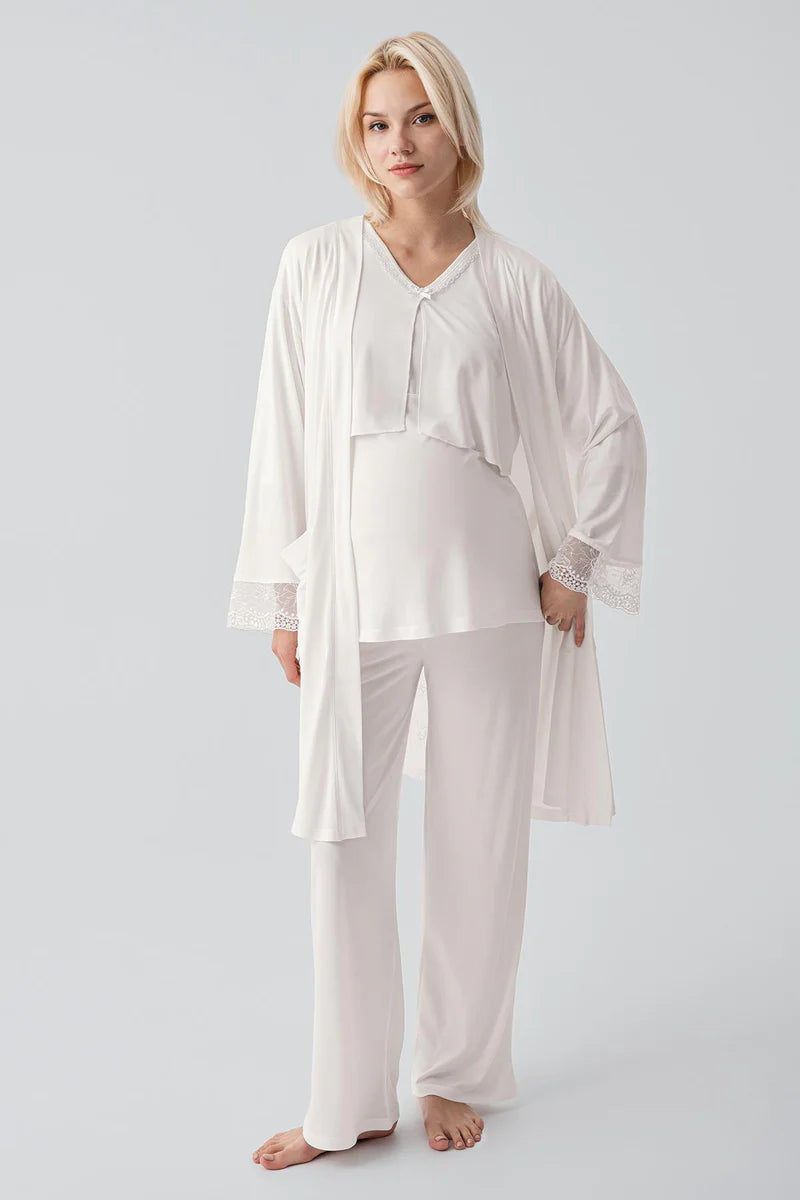 Lace Sleeve 3-Piece Maternity-Nursing Pajama & Lace Back Robe Set Ecru - 19301
