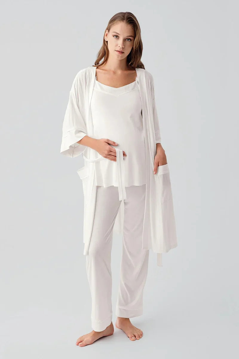 Strappy Stretch Soft 3-Piece Maternity-Nursing Pajama & Robe Set Ecru - 19307