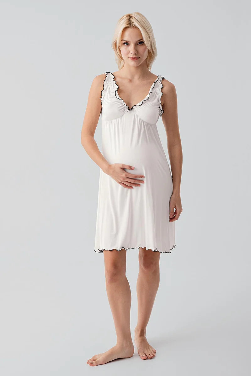 Pleated Piped Strappy Maternity-Nursing Nightgown & Robe Set Ecru - 19400