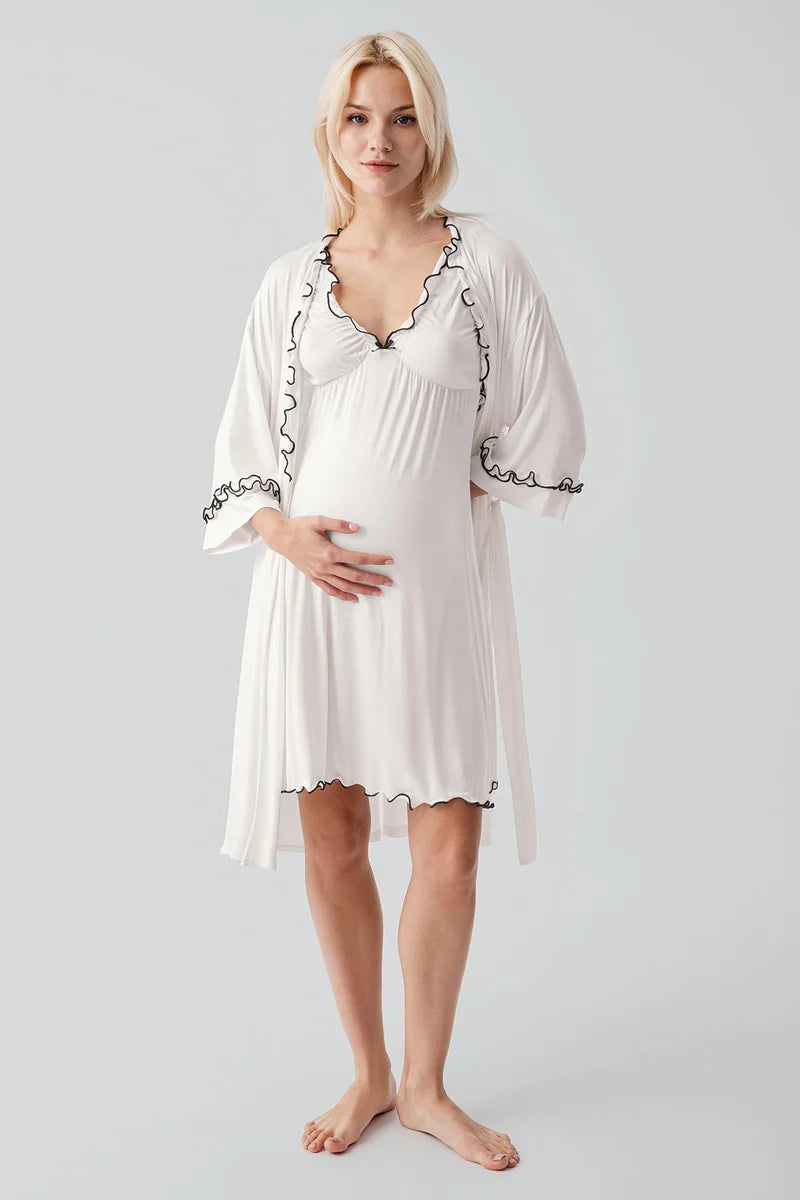 Pleated Piped Strappy Maternity-Nursing Nightgown & Robe Set Ecru - 19400