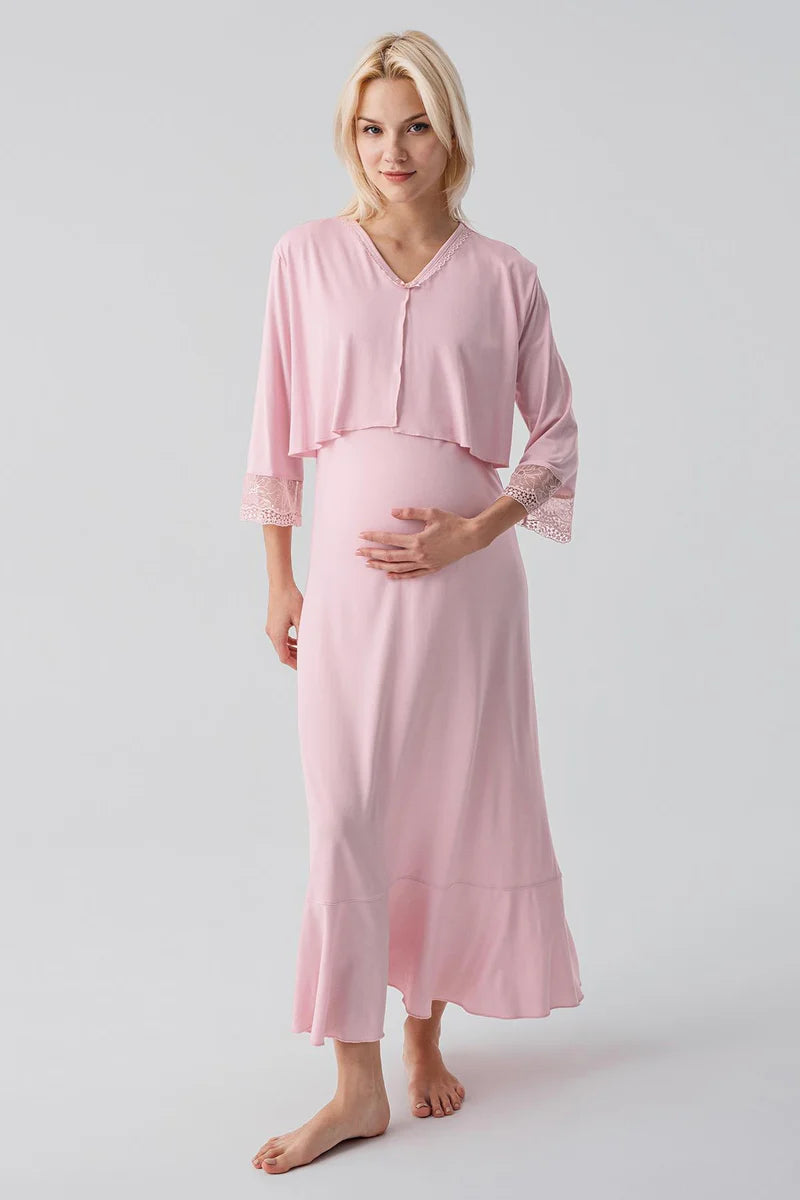 Lace Sleeve Maternity-Nursing Nightgown & Lace Back Robe Set Powder - 19401