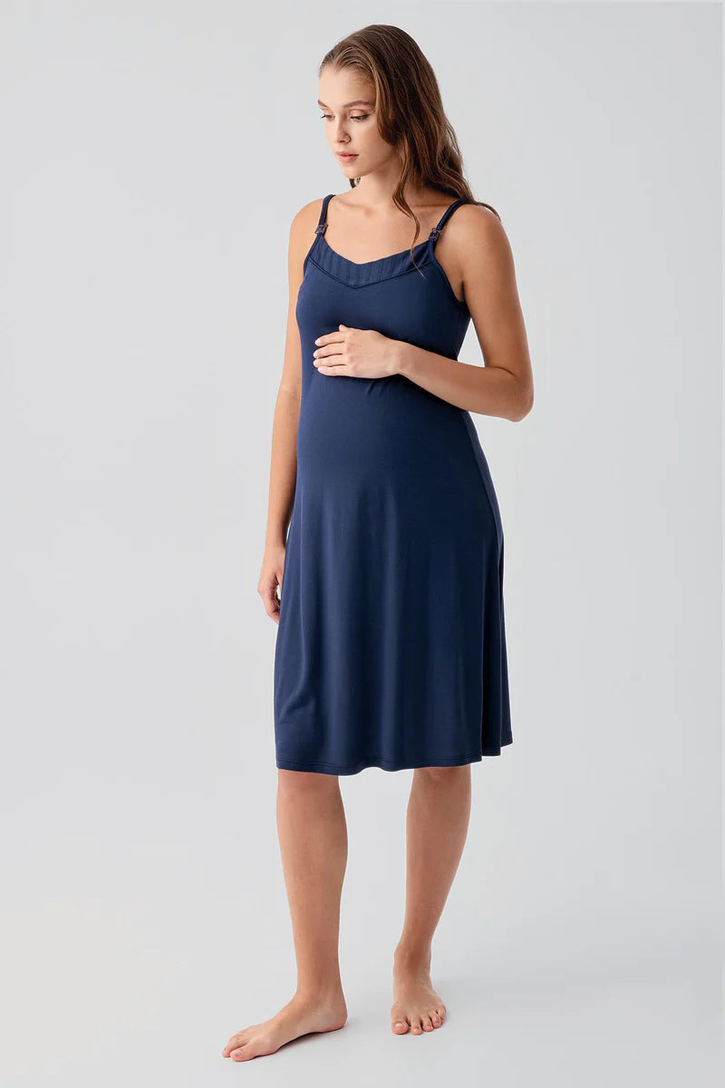 Strappy Stretch Soft Maternity-Nursing Nightgown & Robe Set Navy Blue - 19407