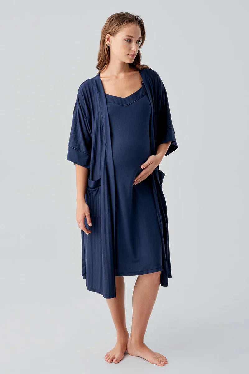 Strappy Stretch Soft Maternity-Nursing Nightgown & Robe Set Navy Blue - 19407