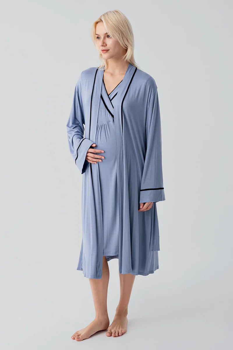 Piped Wrap Maternity-Nursing Nightgown & Robe Set Indigo - 19417