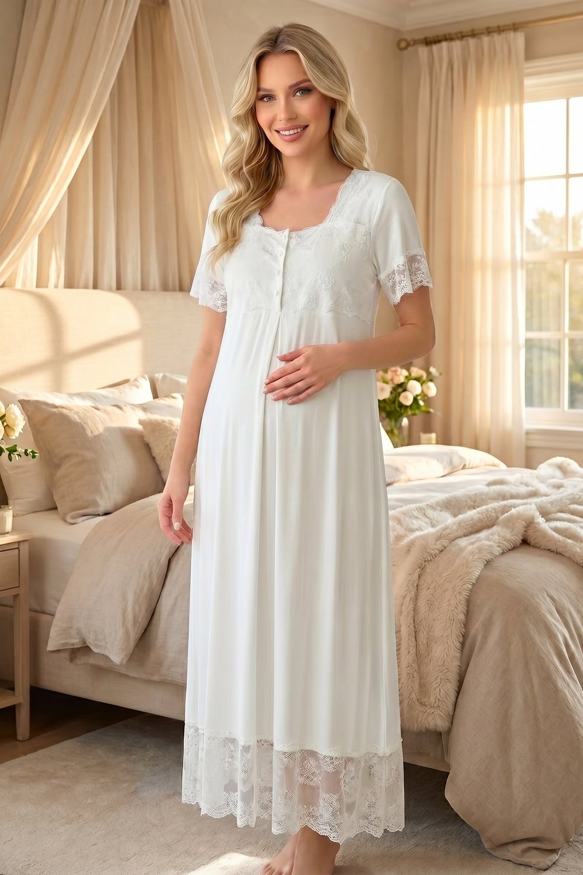 Lace Detailed Maternity-Nursing Nightgown & Robe Set Ecru - 2005