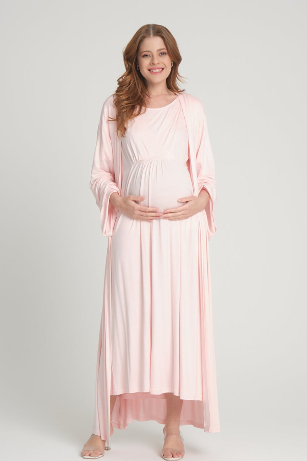 Double Breasted Maternity-Nursing Nightgown & Robe Set Pink - 201