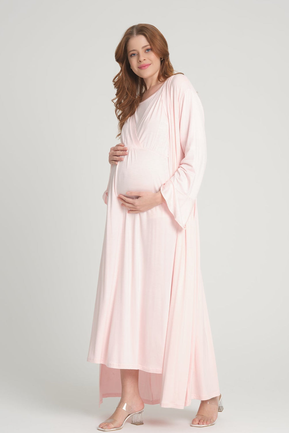 Double Breasted Maternity-Nursing Nightgown & Robe Set Pink - 201