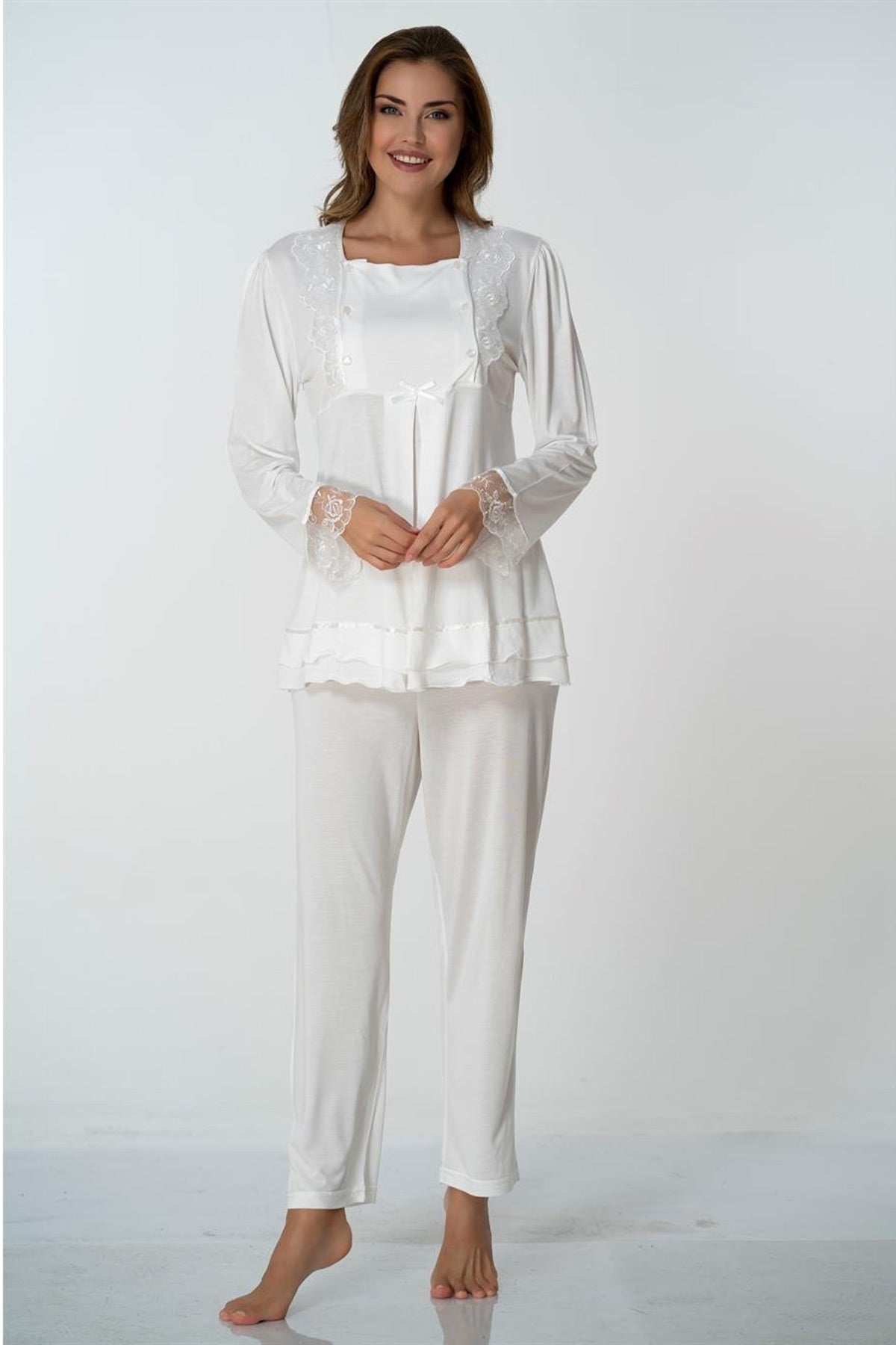 Lace Sleeve Maternity & Nursing Pajama Set Ecru - 2015
