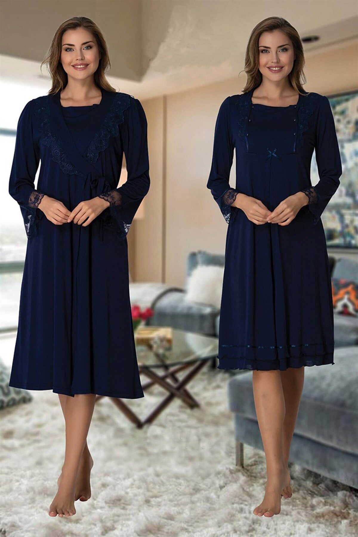 Lace Sleeve 4-Piece Maternity-Nursing Set Navy Blue - 2020