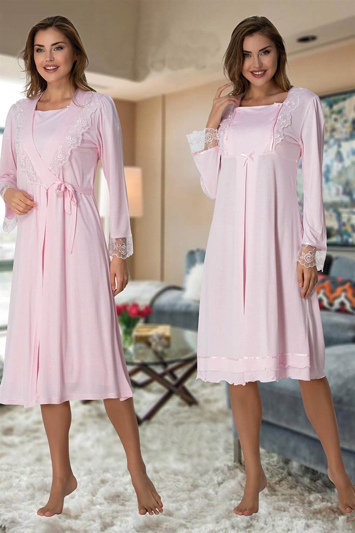 Lace Sleeve Maternity-Nursing Nightgown & Robe Set Pink - 2019