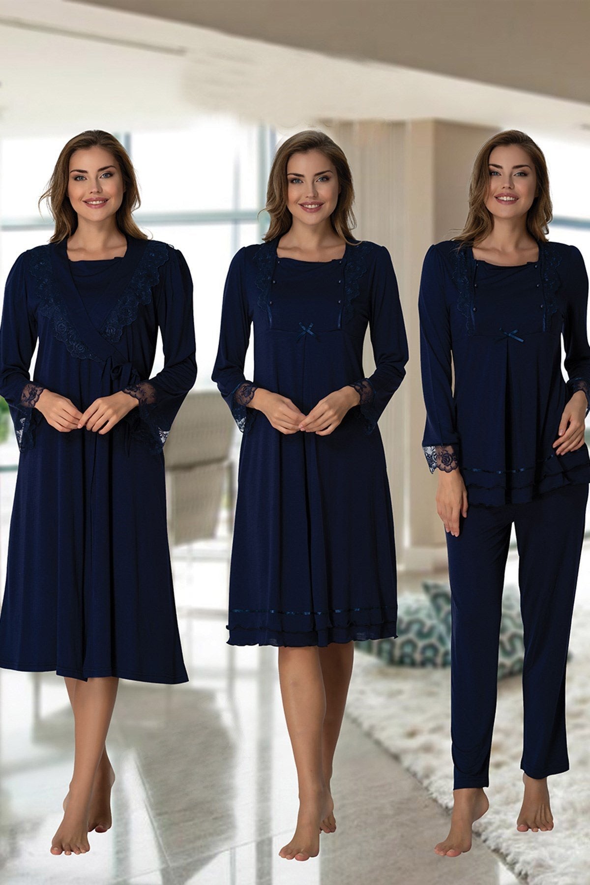 Lace Sleeve 4-Piece Maternity-Nursing Set Navy Blue - 2020