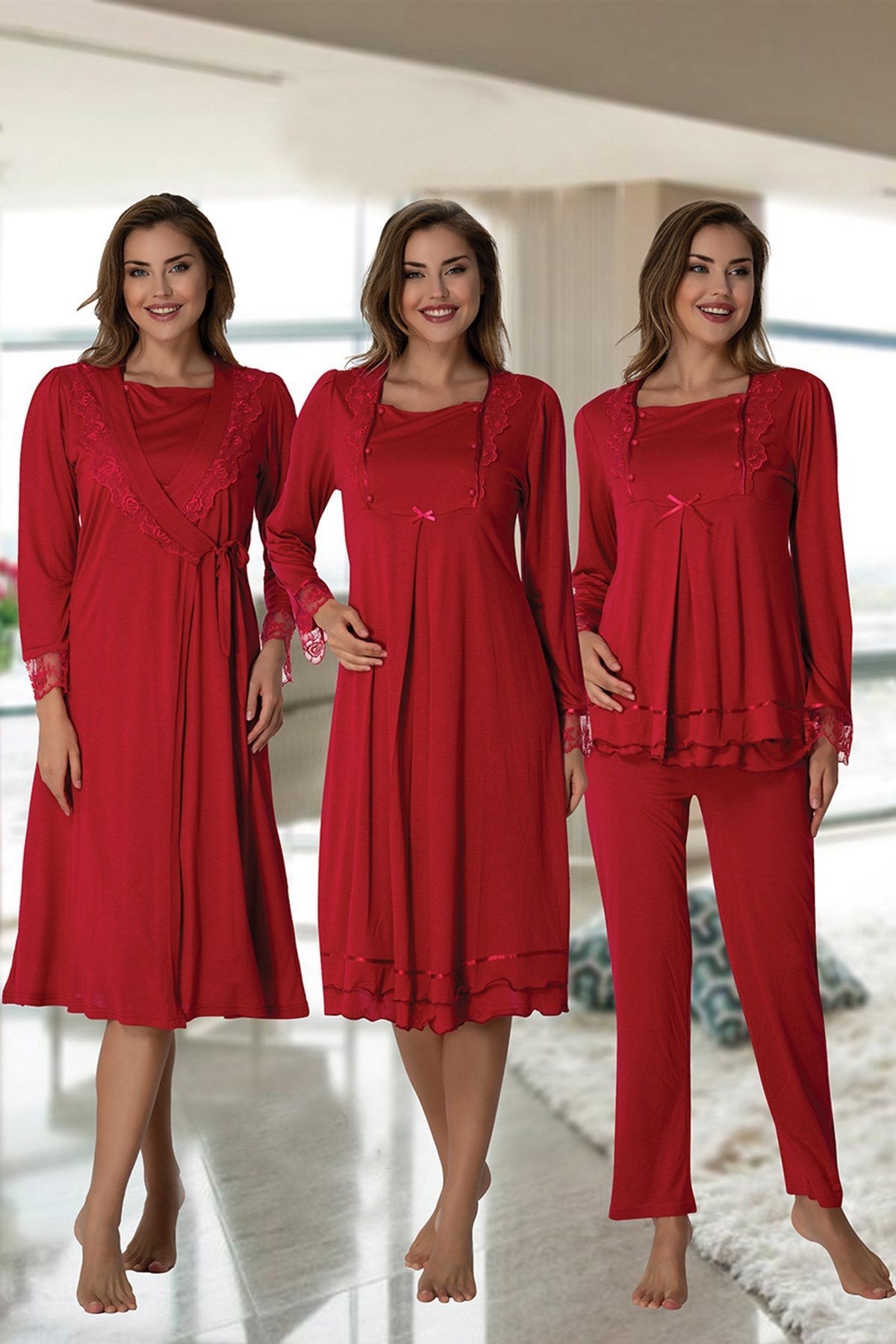Lace Sleeve 4-Piece Maternity-Nursing Set Cherry - 2020