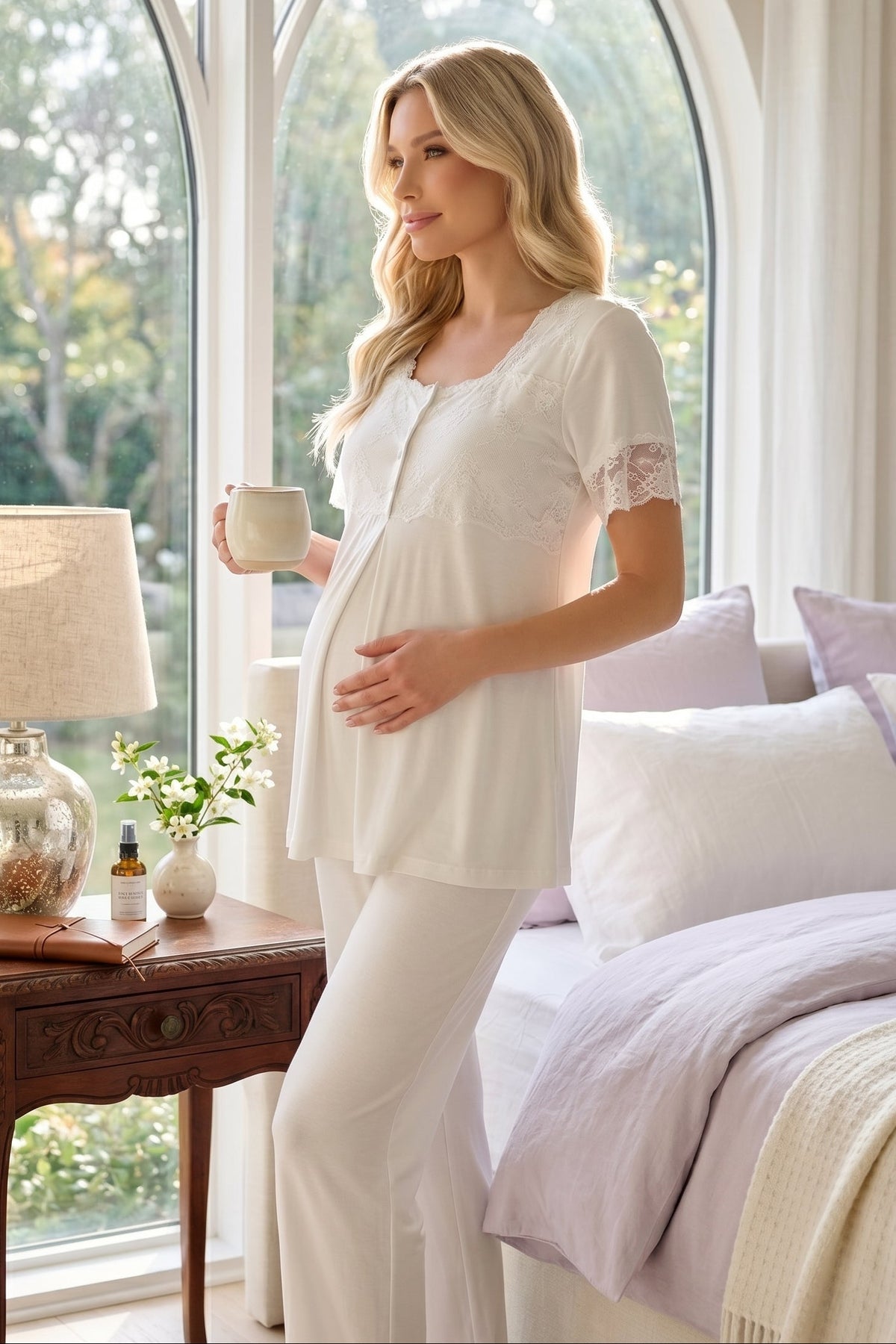 Lace Detailed 3-Piece Maternity-Nursing Pajama & Robe Set Ecru - 2025