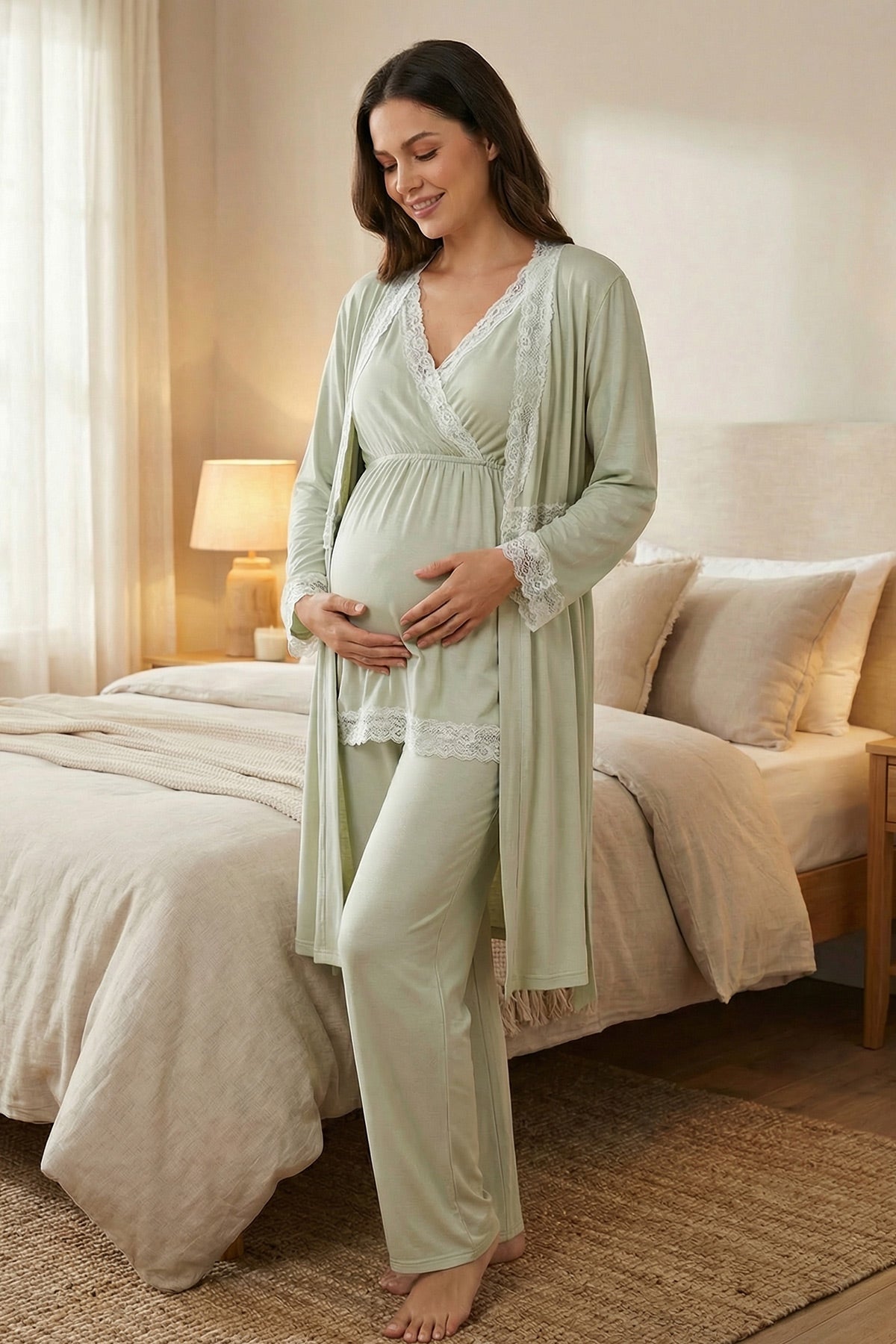 Lace Detailed Wrap 3-Piece Maternity-Nursing Pajama & Robe Set Mint - 2032