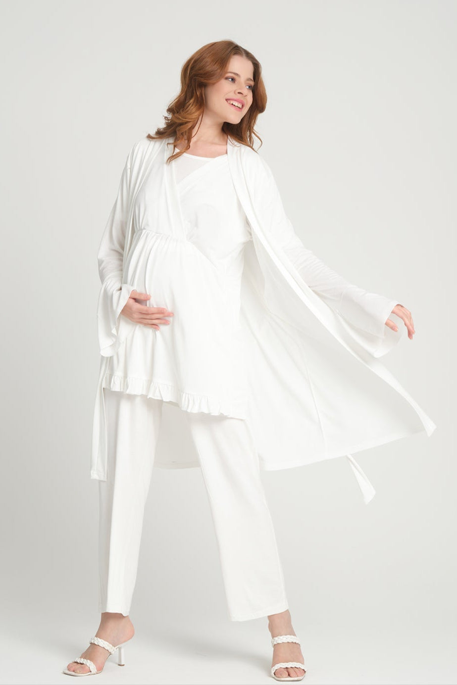 Double Breasted 3-Piece Maternity-Nursing Pajama & Flywheel Arm Robe Set Ecru - 205