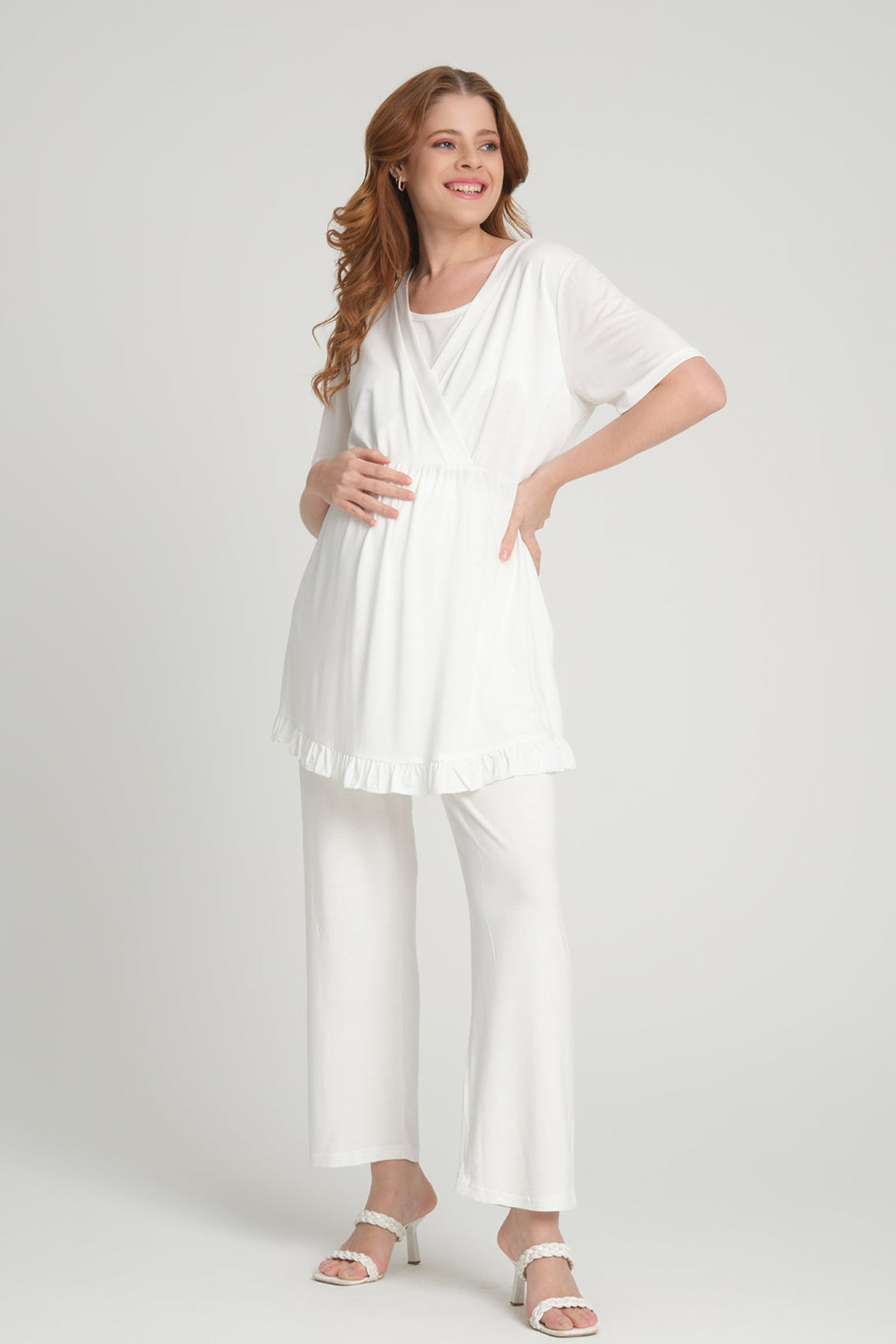 Double Breasted 3-Piece Maternity-Nursing Pajama & Flywheel Arm Robe Set Ecru - 205