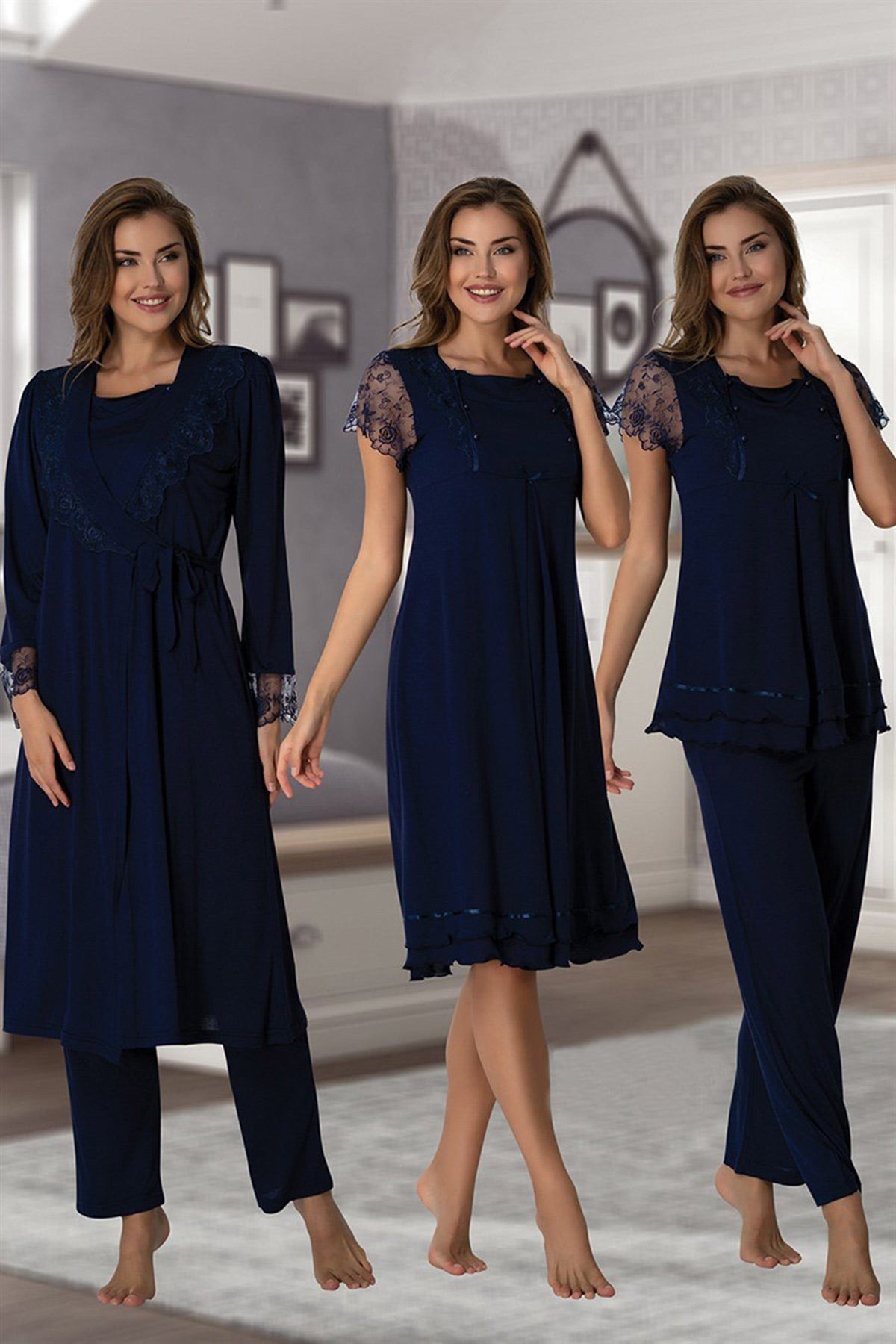 Lace Sleeve 4 Piece Maternity-Nursing Set Navy Blue - 2050