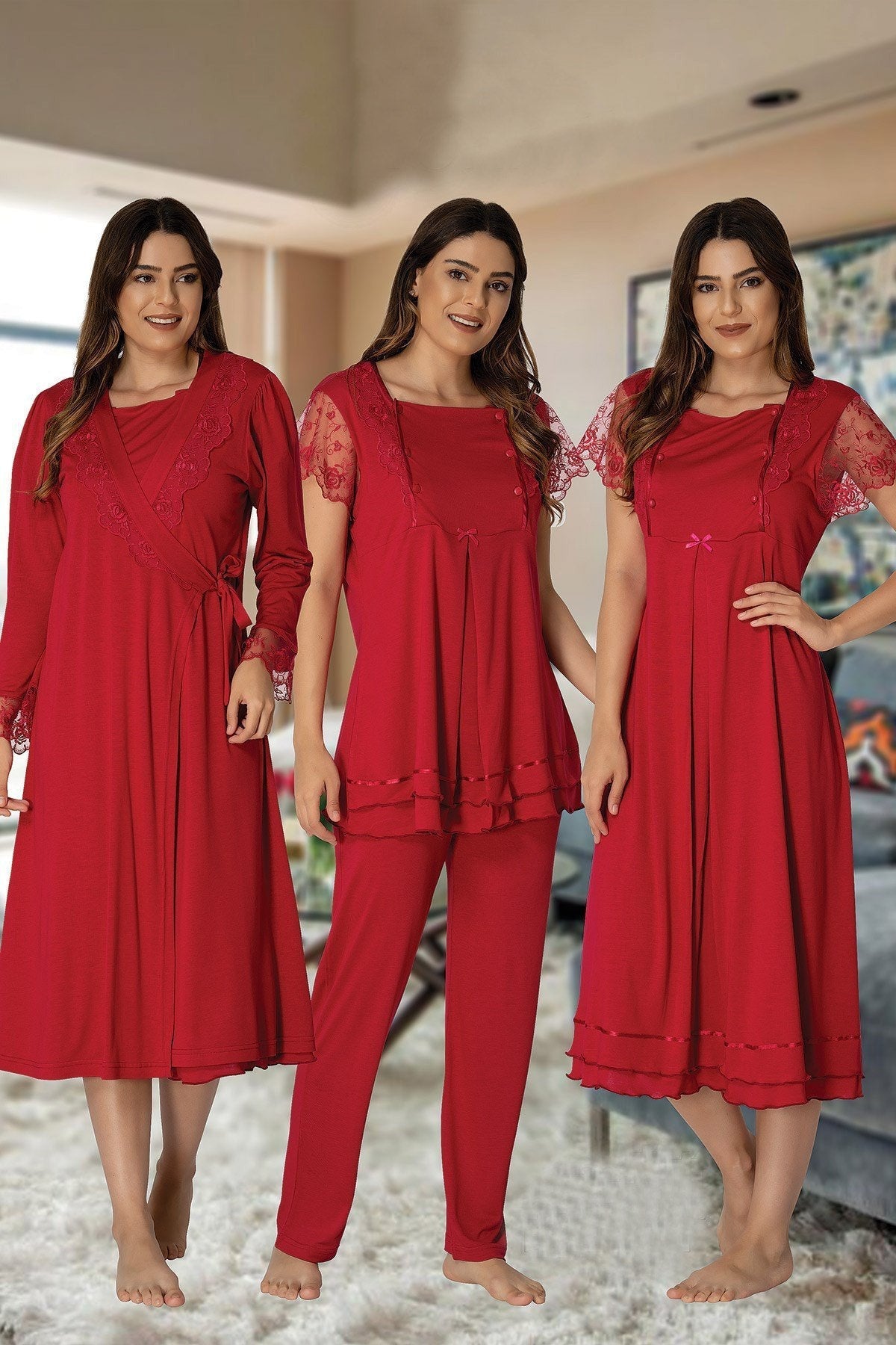 Lace Sleeve 4 Piece Maternity-Nursing Set Cherry - 2050
