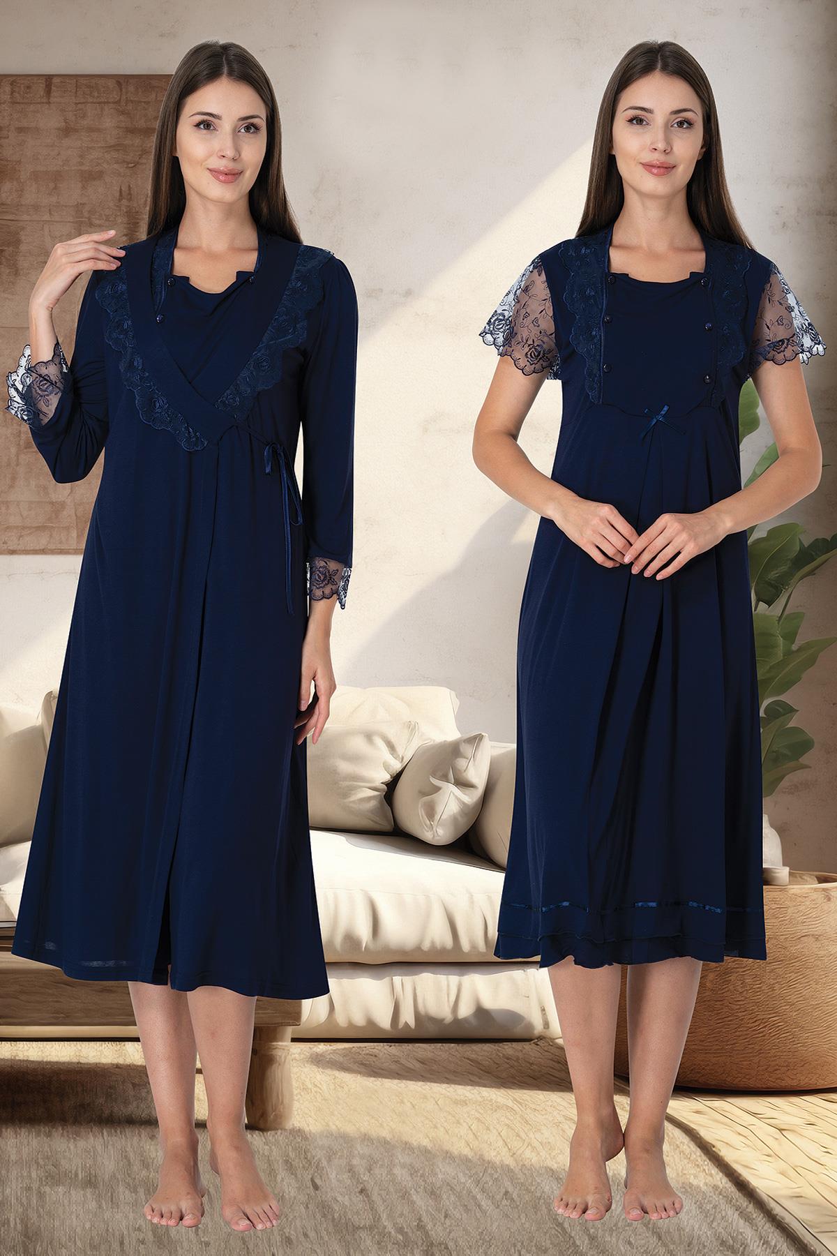 Lace Sleeve Maternity-Nursing Nightgown & Robe Set Navy Blue - 2055