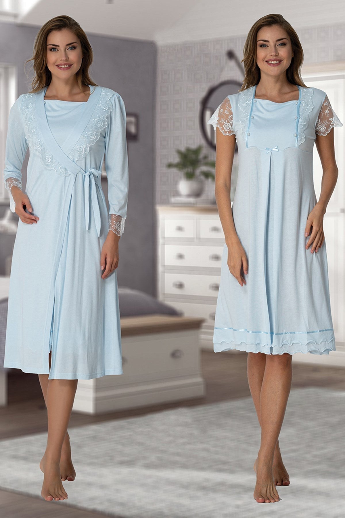 Lace Sleeve Maternity-Nursing Nightgown & Robe Set Blue - 2055