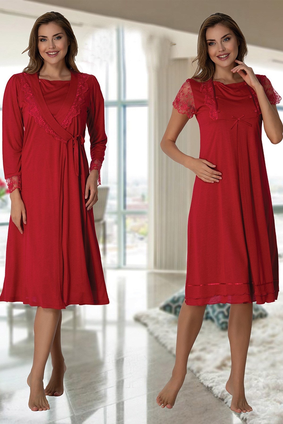 Lace Sleeve 4 Piece Maternity-Nursing Set Cherry - 2050