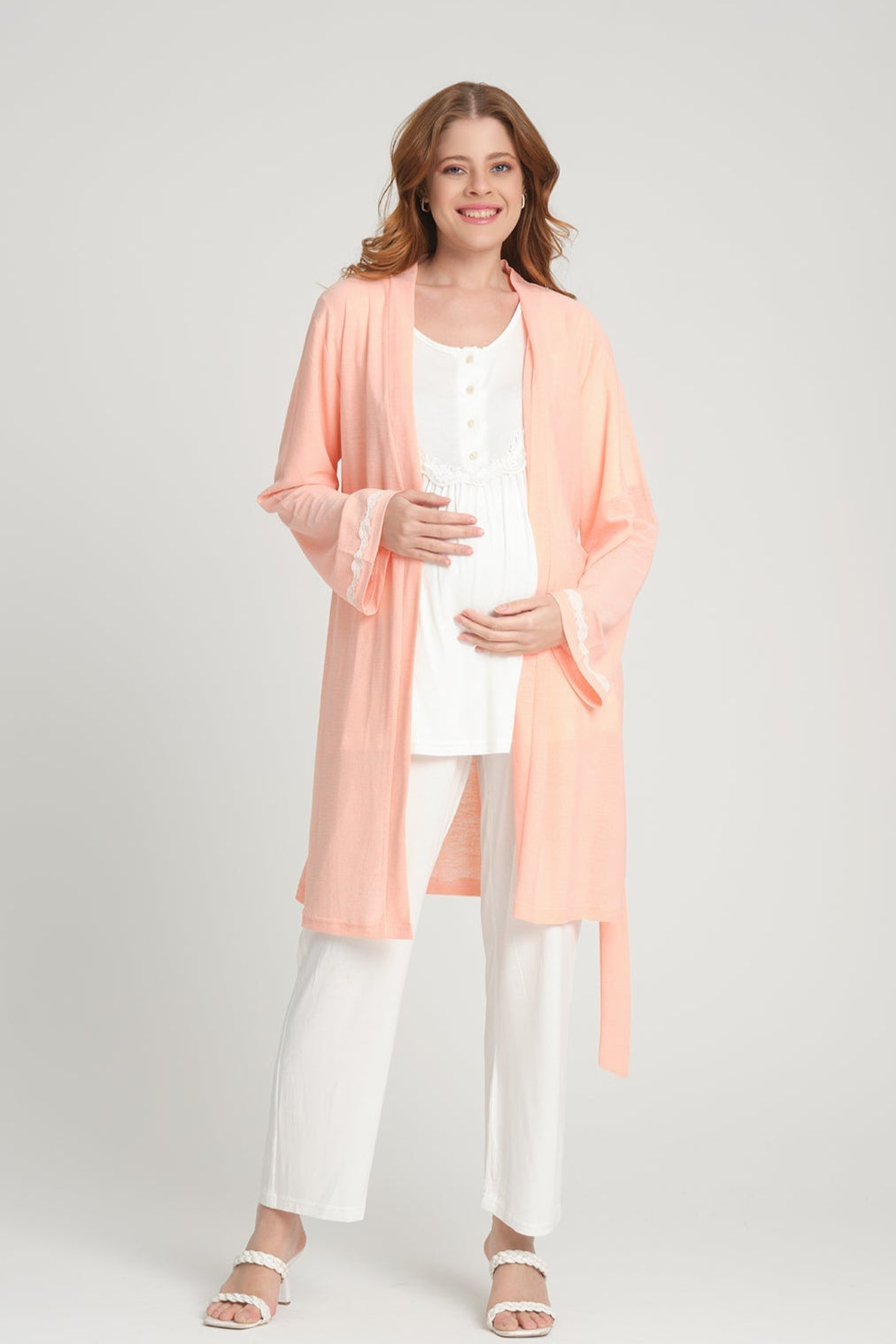 Lace 3-Pieces Maternity & Nursing Pajamas With Robe Salmon - 207